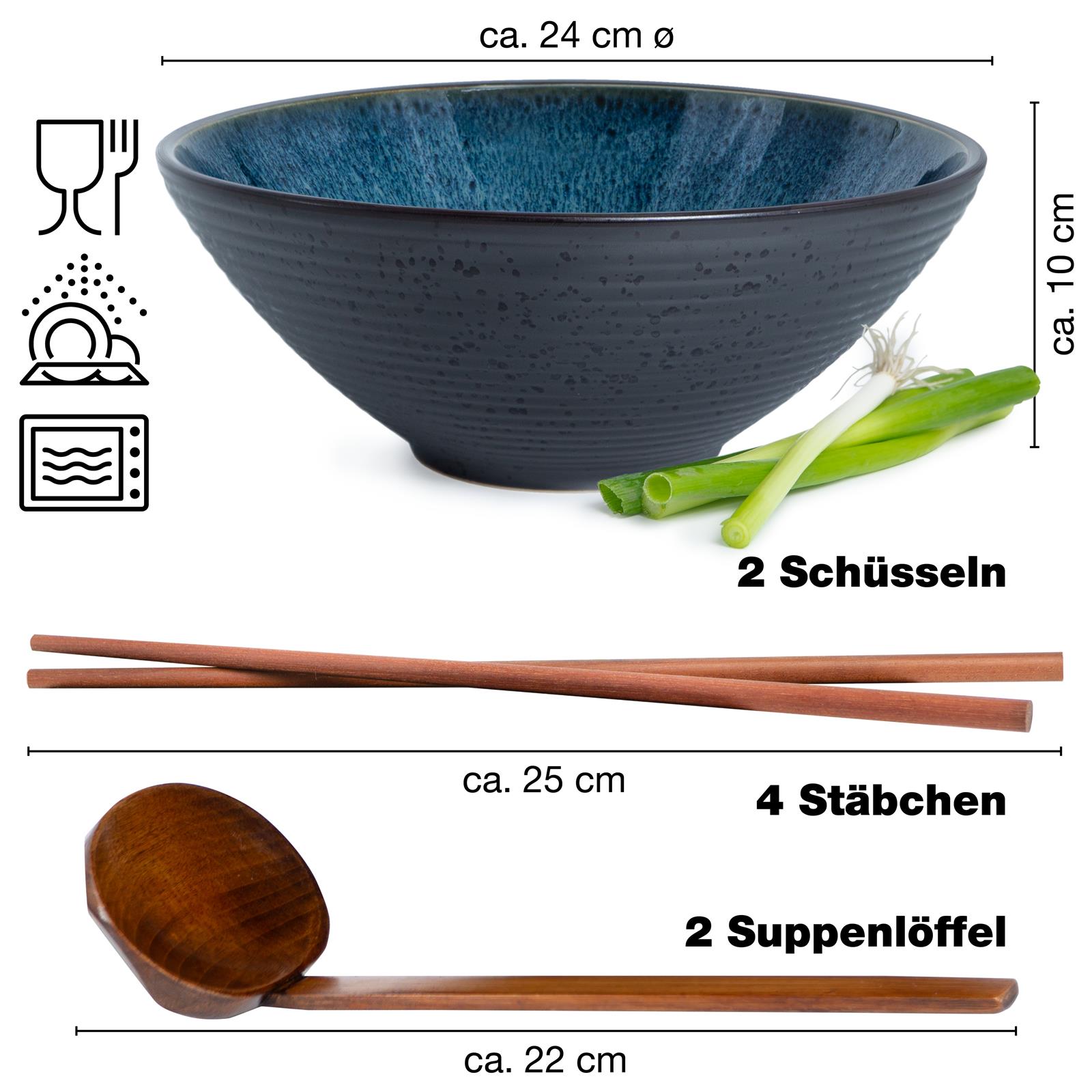 Ramenschale in Blau, Ein Set aus zwei blauen Gourmet-Ramen-Schalen mit feiner Rillenstruktur, 2-teilig