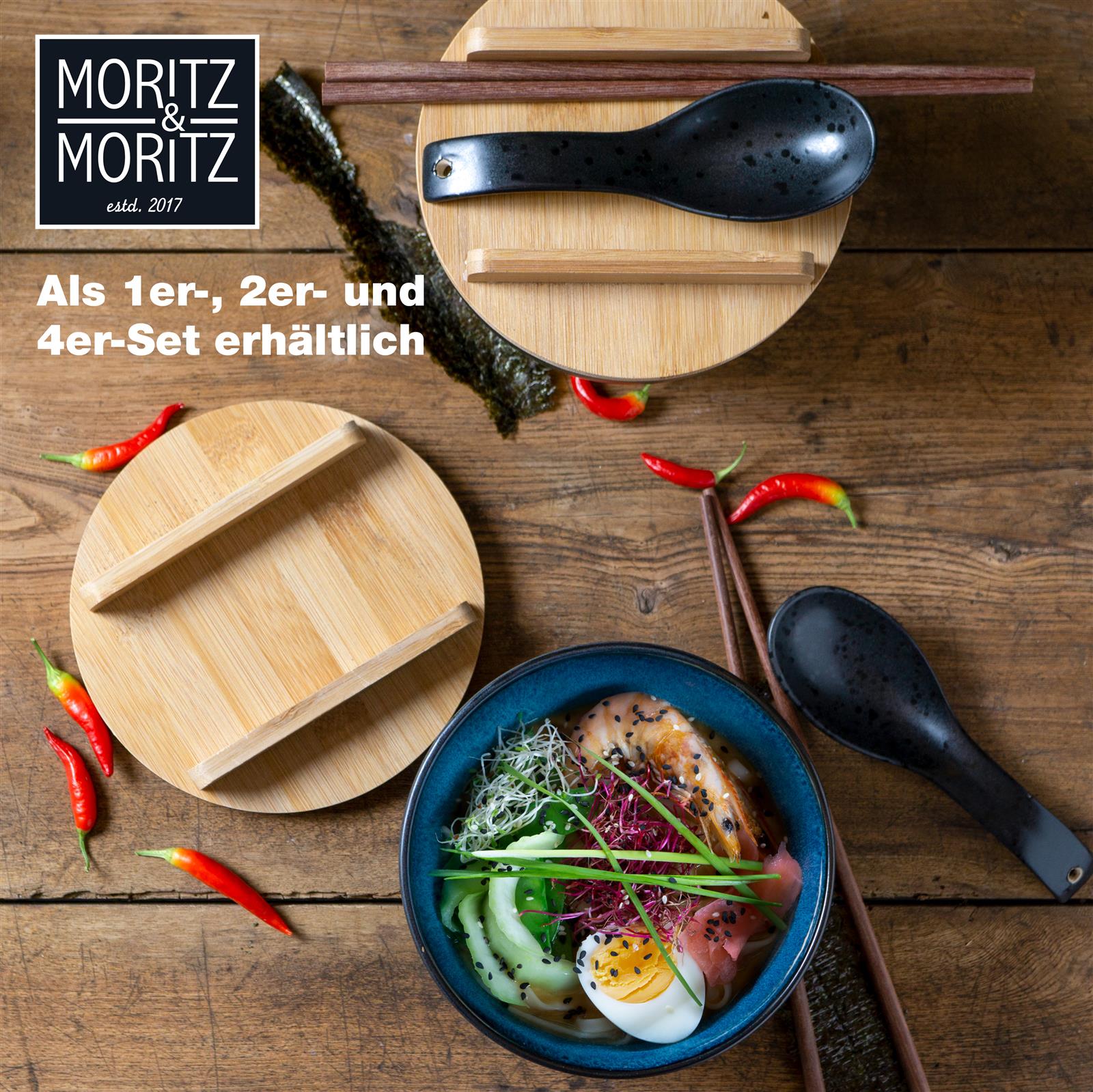 Vier blauen Gourmet-Ramen-Deckeln, die übereinander gestapelt sind, stapelbare Deckel für Ramen-Schüsseln