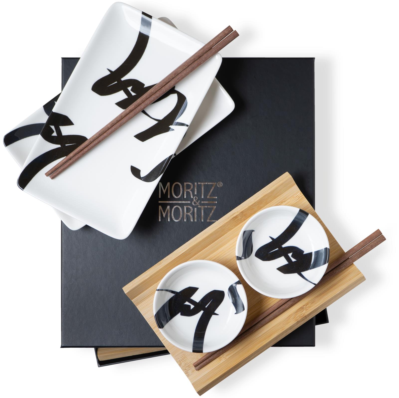 Gourmet Sushi Set 6-teilig in Schwarz mit Pinselschrift Design Gourmet Sushi Set 6-teilig in stilvollem Schwarz mit Pinselschrift, ideal für japanische Esskultur und elegantes Servieren von Sushi.