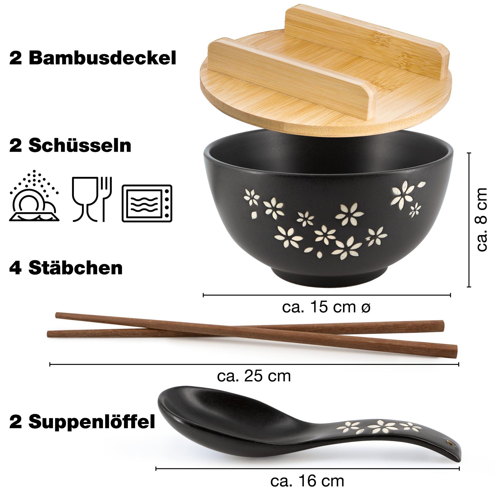 Gourmet Ramen Schalen mit Blumenmuster - 2er Set Ein stilvoll gedeckter Tisch mit zwei Schalen Gourmet-Ramen, umgeben von dekorativen Blumen, ideal für ein luxuriöses kulinarisches Erlebnis.