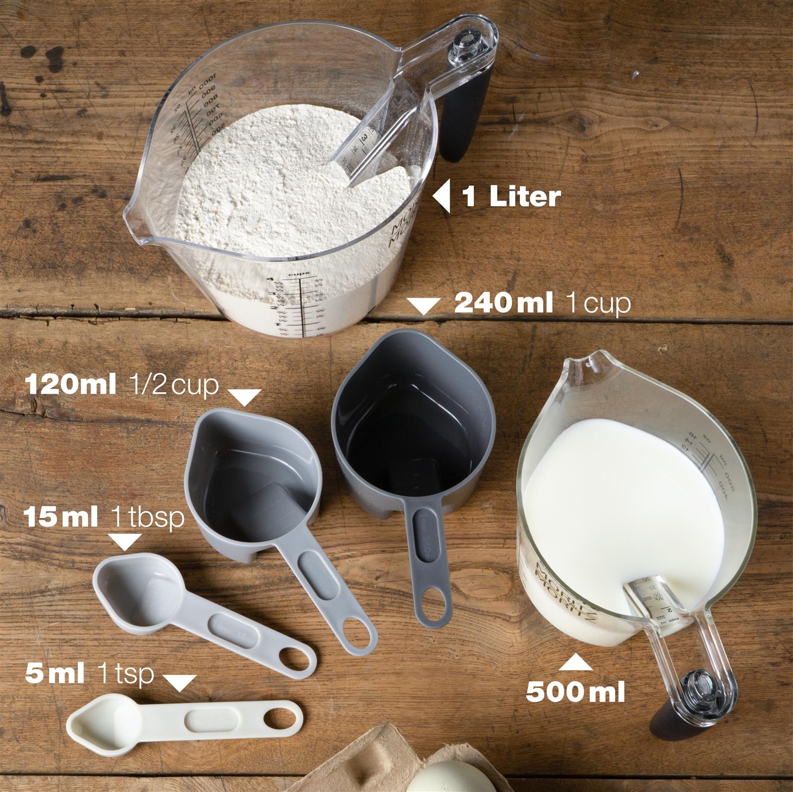 Messbecher-Set aus transparentem Kunststoff, bestehend aus einem 0,5 Liter und einem 1 Liter Messbecher