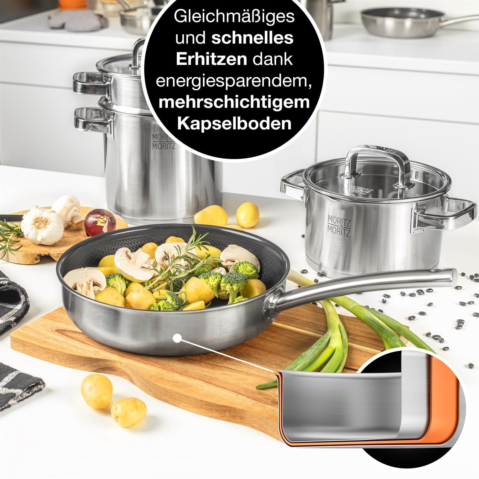 Bratpfanne mit 24 cm Durchmesser und geradem Rand auf einer Küchenarbeitsplatte
