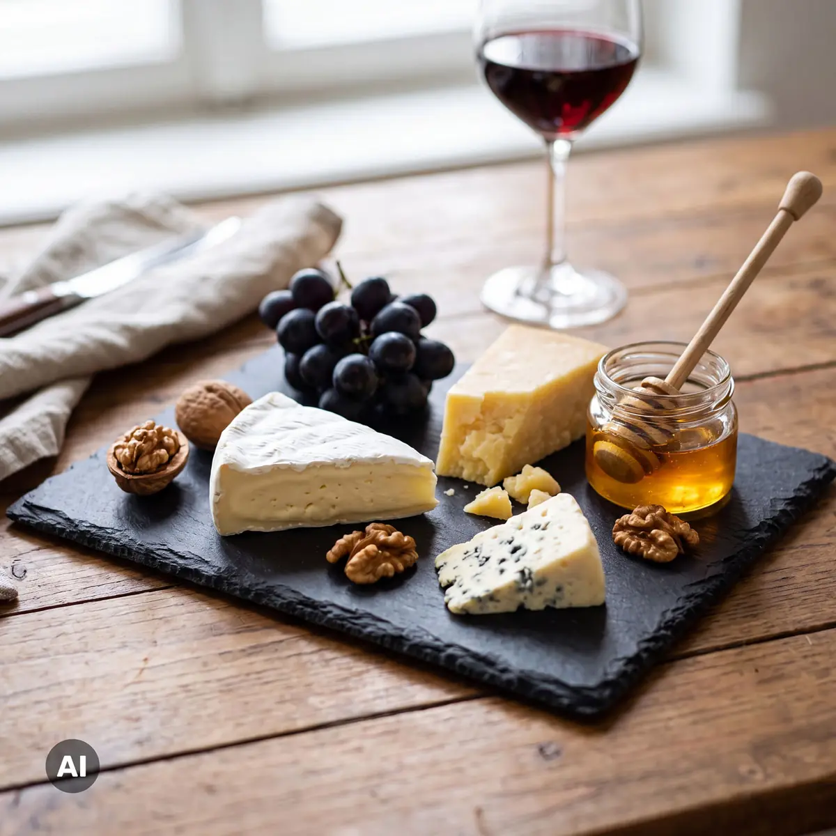 Brie, Bergkäse und Blauschimmelkäse mit Trauben, Walnüssen und Honig auf einer Schieferplatte