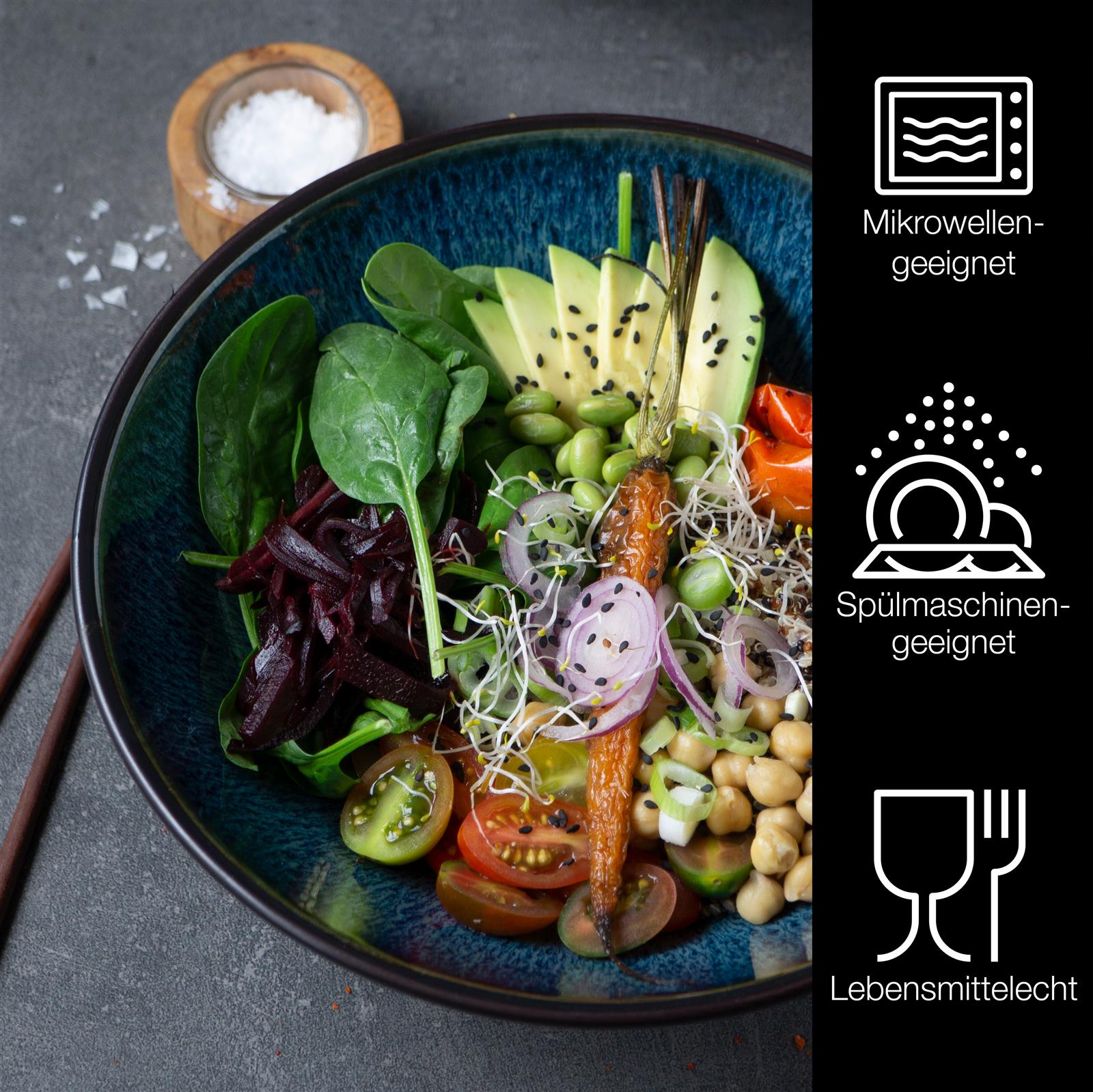Schale, Zwei Salatschüsseln aus Porzellan, mit Design und glatter Oberfläche, 2-teilig