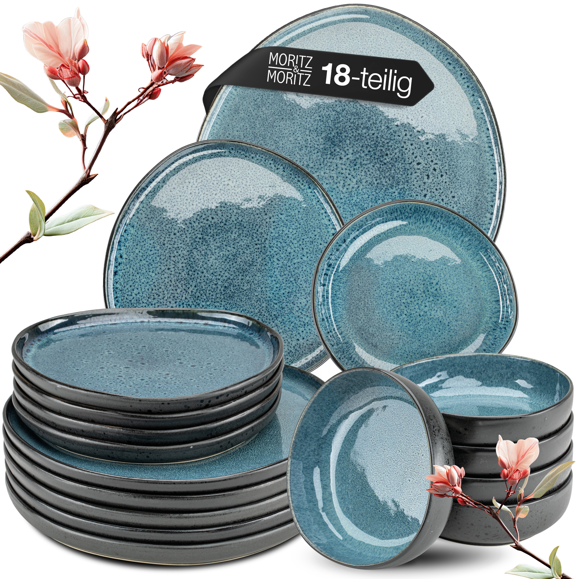 ORGANIC 18-teilig Geschirrset Blau, vor weißem Hintergrund