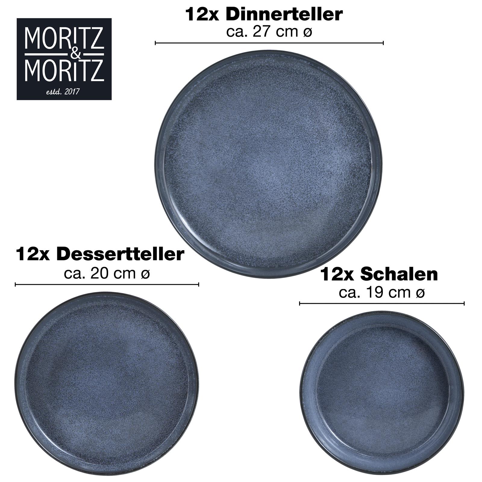 Geschirrset Blau aus Keramik – 4-teiliges Set mit Tellern und Schalen Blaues Geschirrset aus Keramik bestehend aus Speisetellern, Desserttellern und Schüsseln, arrangiert auf hellem Untergrund mit dezentem Dekorationszweig.