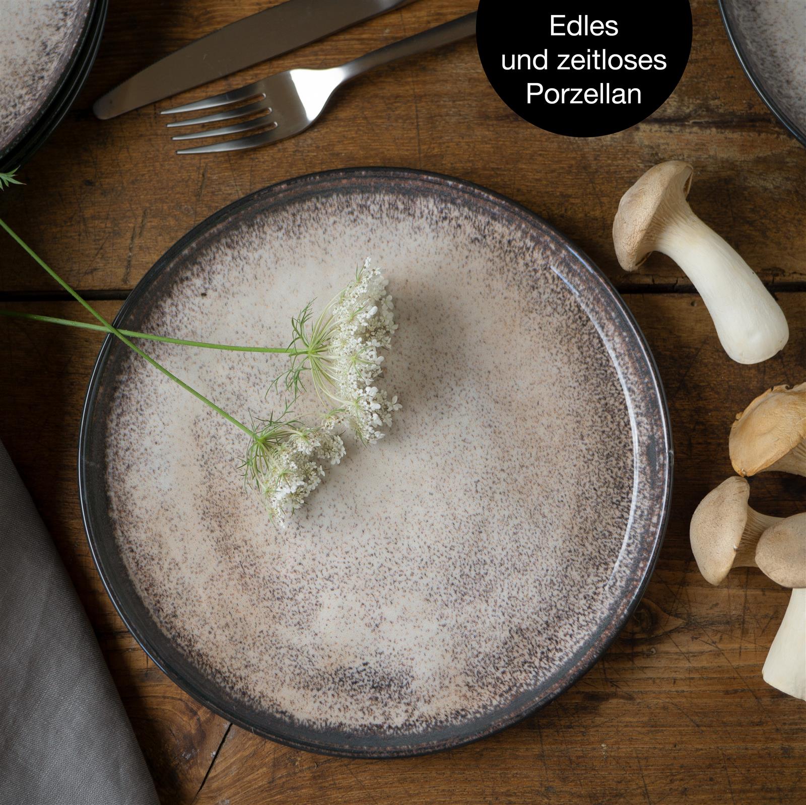 Tellerset in Beige, Sechs beige Salatteller aus Keramik in Design, 6-teilig, aus Porzellan