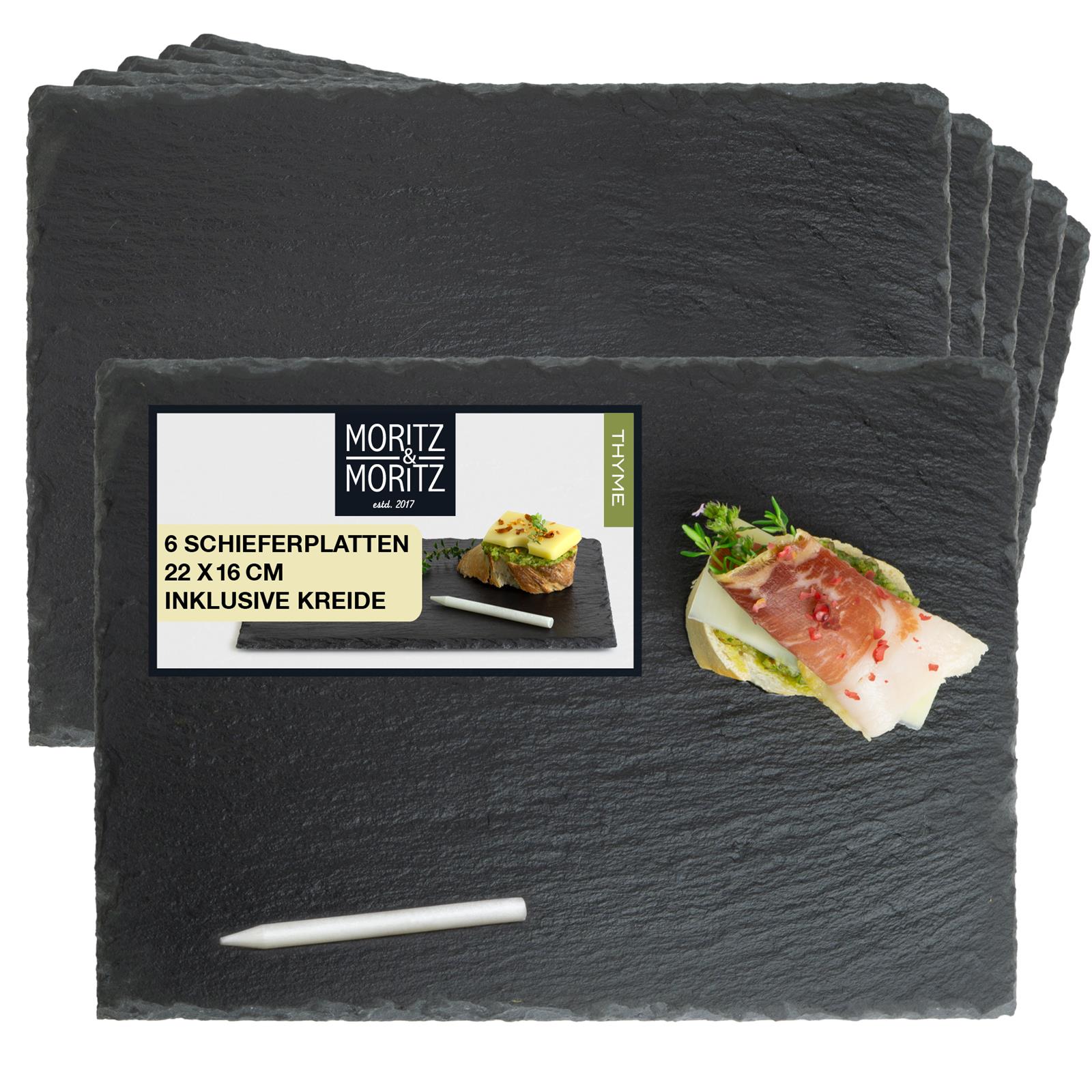Schieferset Thyme – 6 kleine Platten 22 x 16 cm, schiefergraue Servierplatte mit frischem Rosmarin, rosa Pfefferkörnern