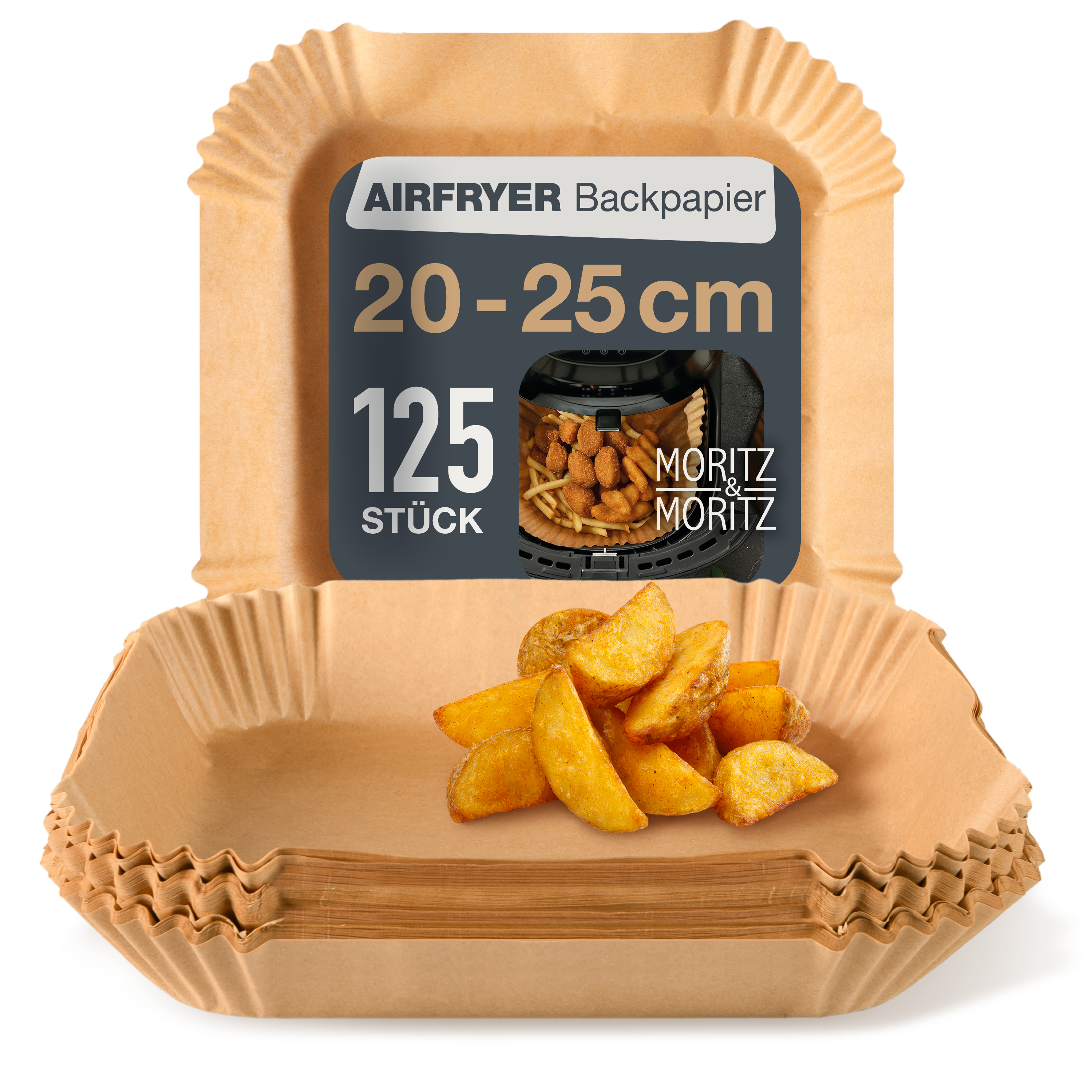 Airfryer Backpapier Quadrat 20x20 cm – 125 Stück, vor weißem Hintergrund