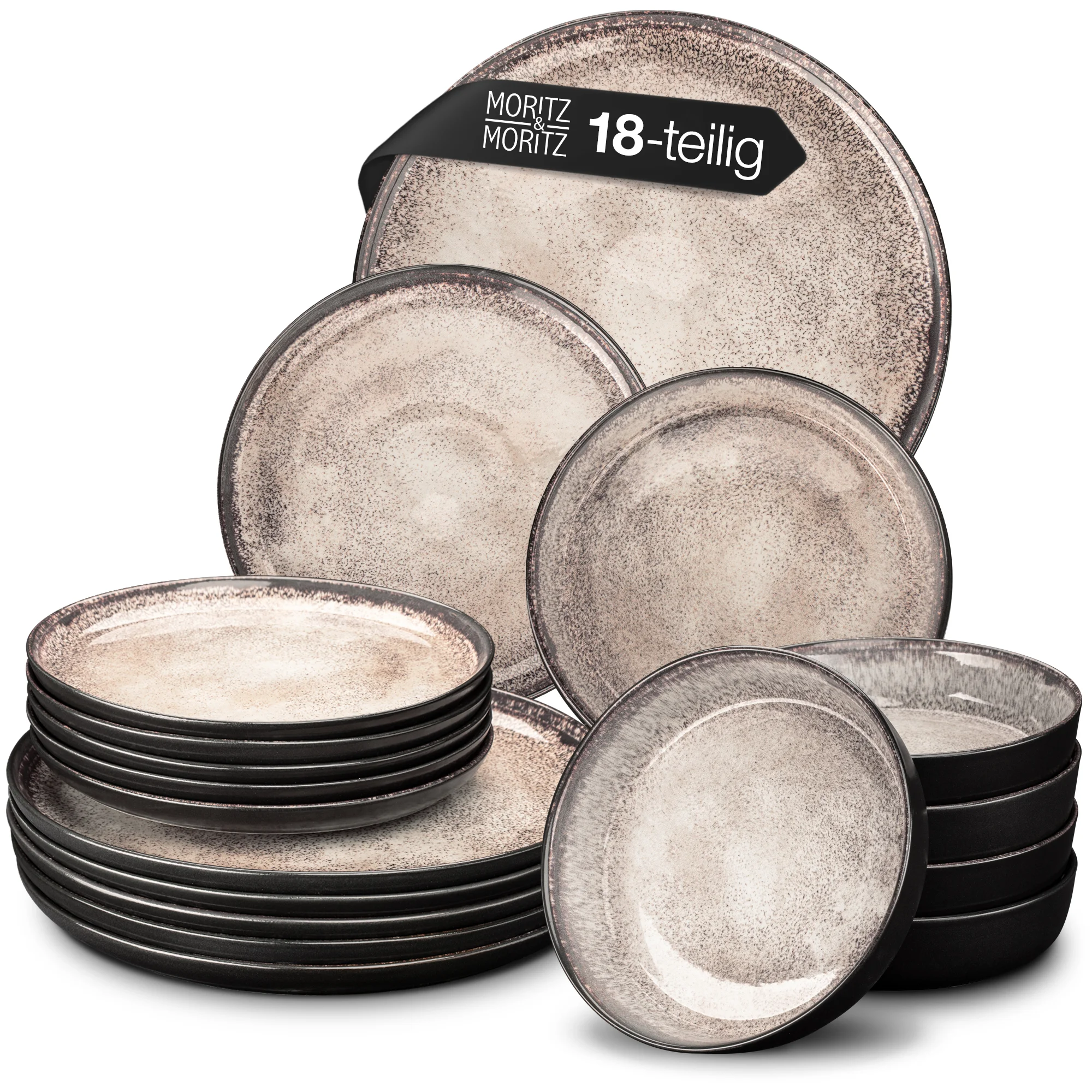 18-teiliges Gourmet-Teller-Set in Beige bestehend aus flachen Tellern, tiefen Tellern und kleinen Schalen