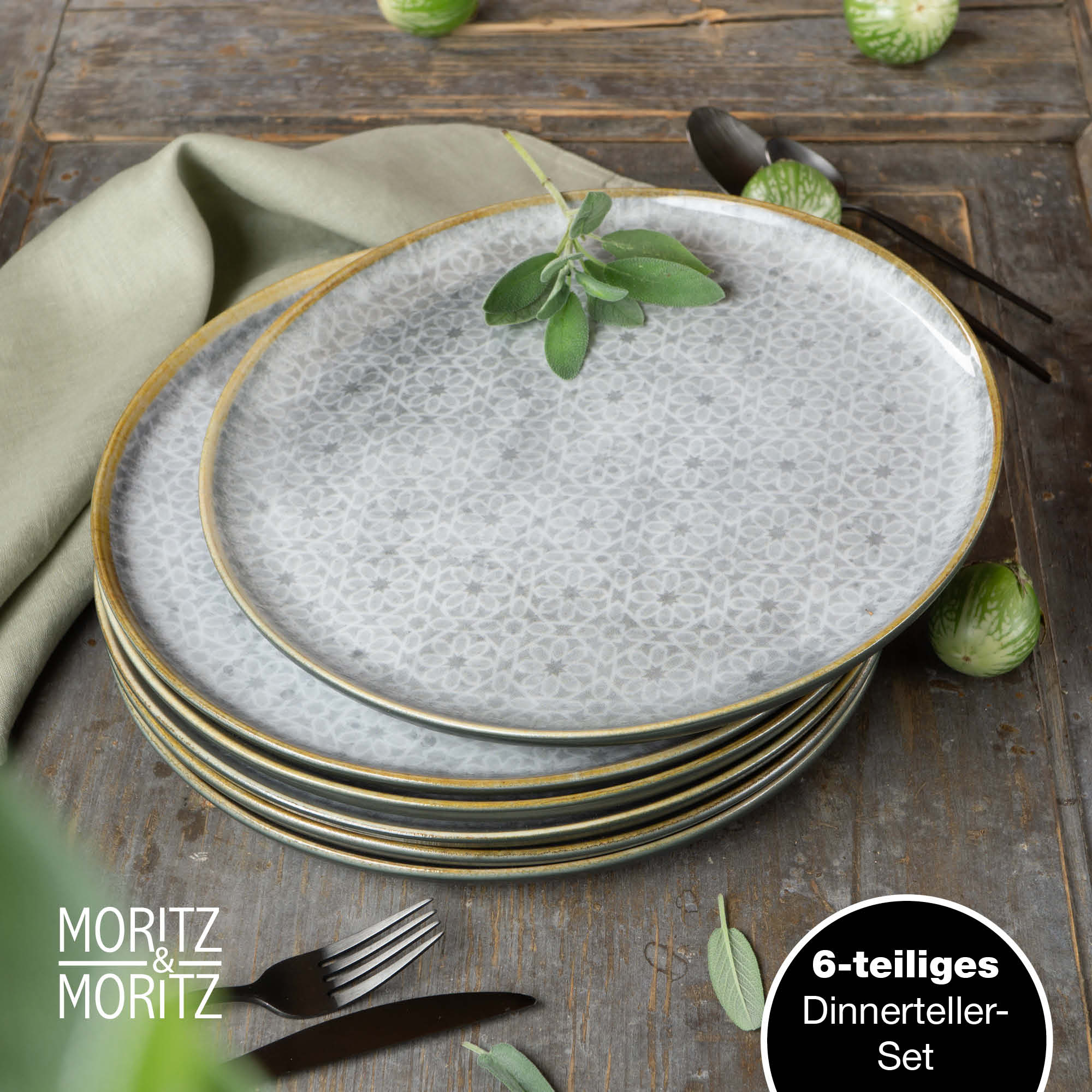 Speiseteller in Grau, Sechsteiliges Dinnerteller-Set mediterran grau, arrangiert auf Holztisch, 6-teilig