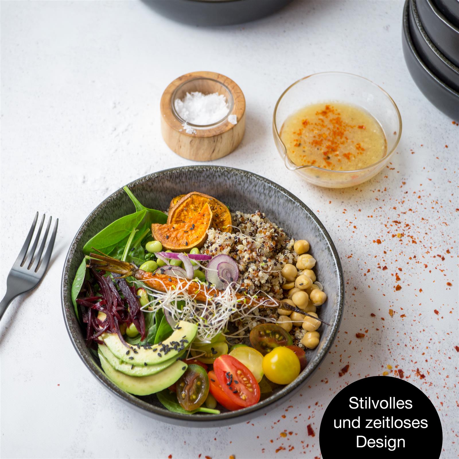 Salatschüssel Set in Anthrazit - 6-teilig, stilvolle und praktische Schüsseln für jeden Anlass, Bild der eleganten Salatschüsseln von Moritz & Moritz