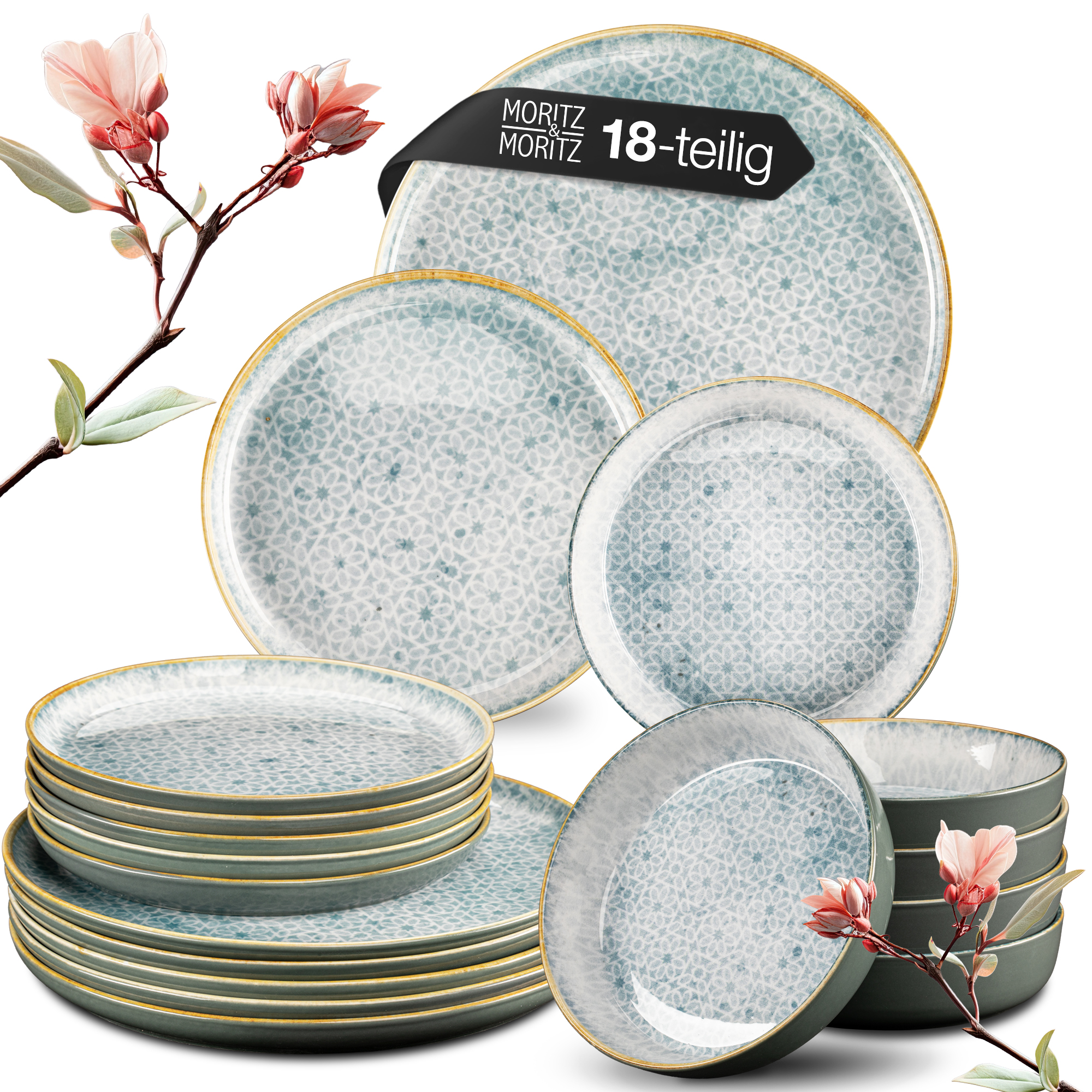 18-teiliges Geschirrset Mediterran Blau – Teller, Schalen & Tassen im maritimen Design 18-teiliges mediterranes Geschirrset in Blau, bestehend aus Tellern, Schalen und Tassen mit weiß-blauem Dekor, auf einem hellen Holztisch ansprechend arrangiert.