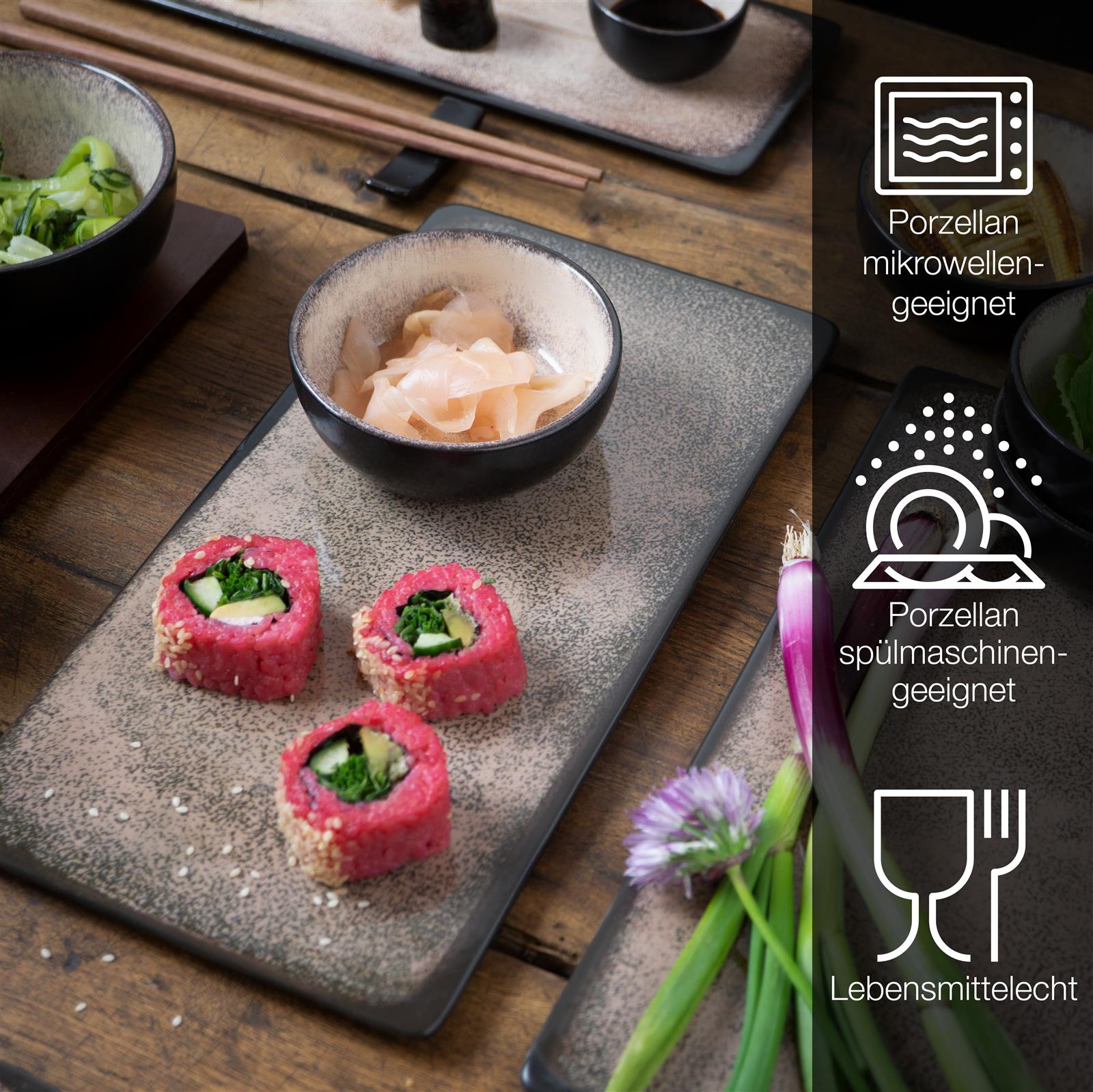 29-teiliges Sushi-Set in Beige auf hellem Untergrund mit zwei rechteckigen Tellern, zwei kleinen Schälchen
