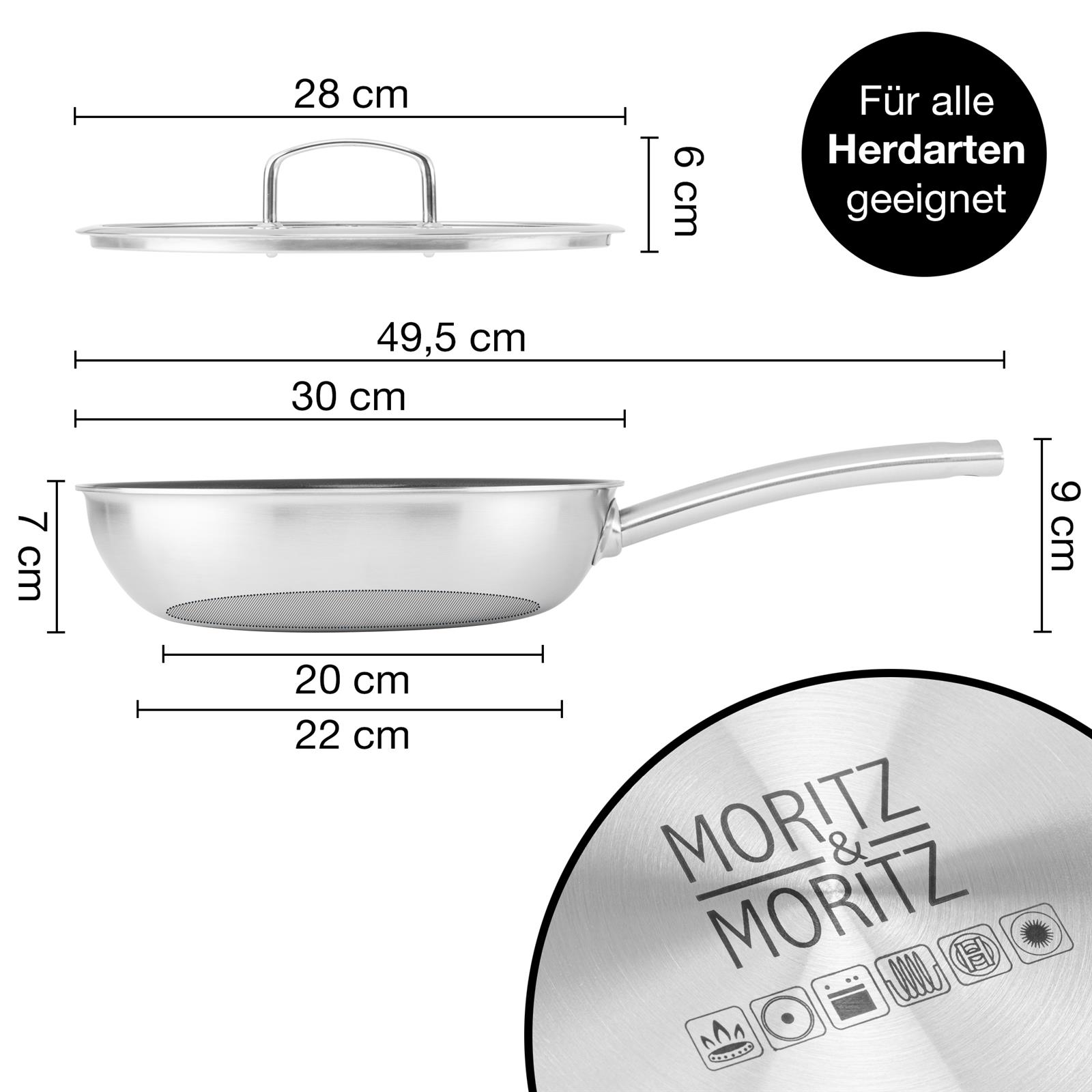 Bild einer 28 cm großen Bratpfanne mit Deckel und rundem Rand von Moritz & Moritz, hochwertiges Küchenzubehör ideal zum Braten und Garen, robust und langlebig für den täglichen Gebrauch.