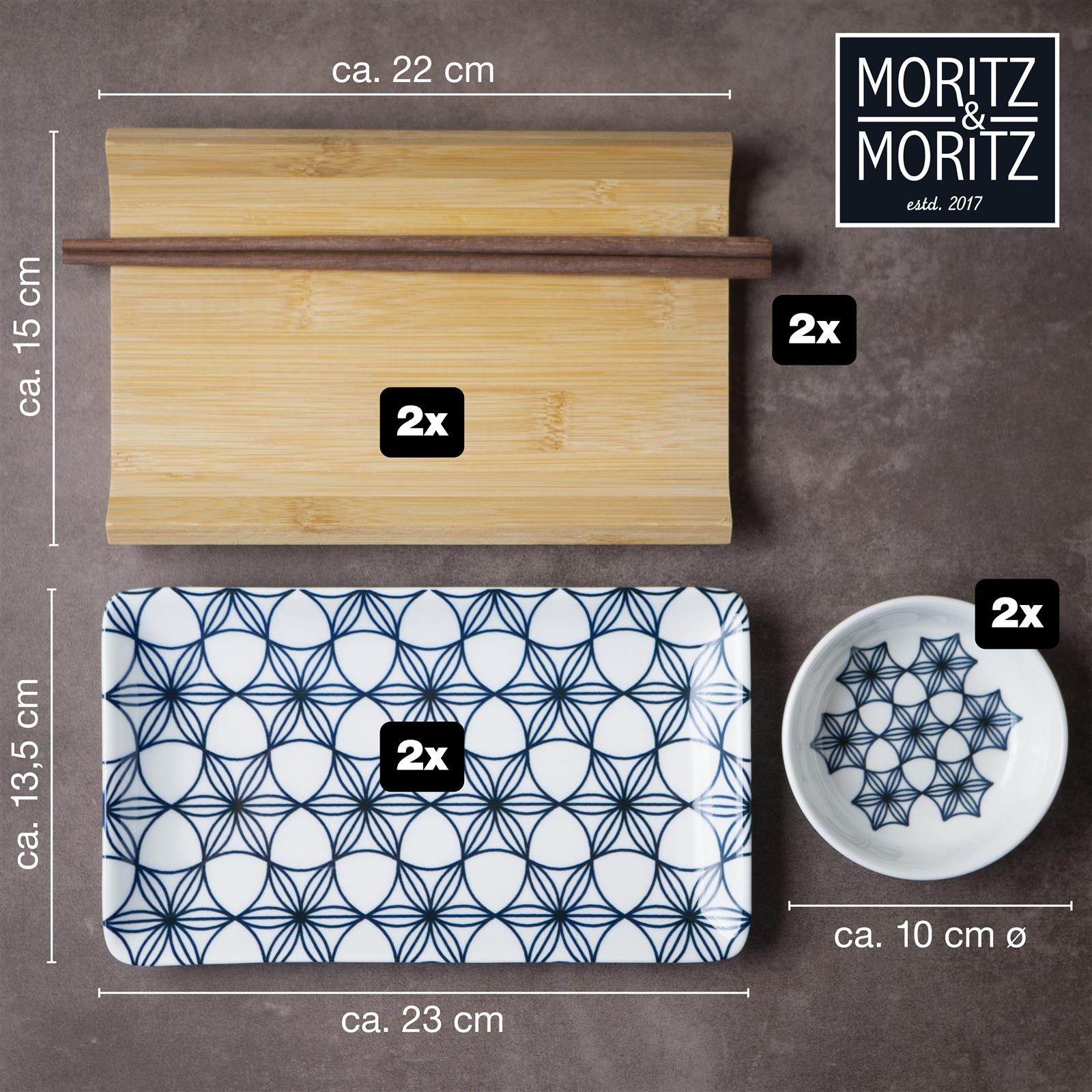 Sushi-Geschirr in Blau, Sechs-teiliges Gourmet-Sushi-Set mit blauem Blumenmuster auf Keramiktellern und Stäbchen