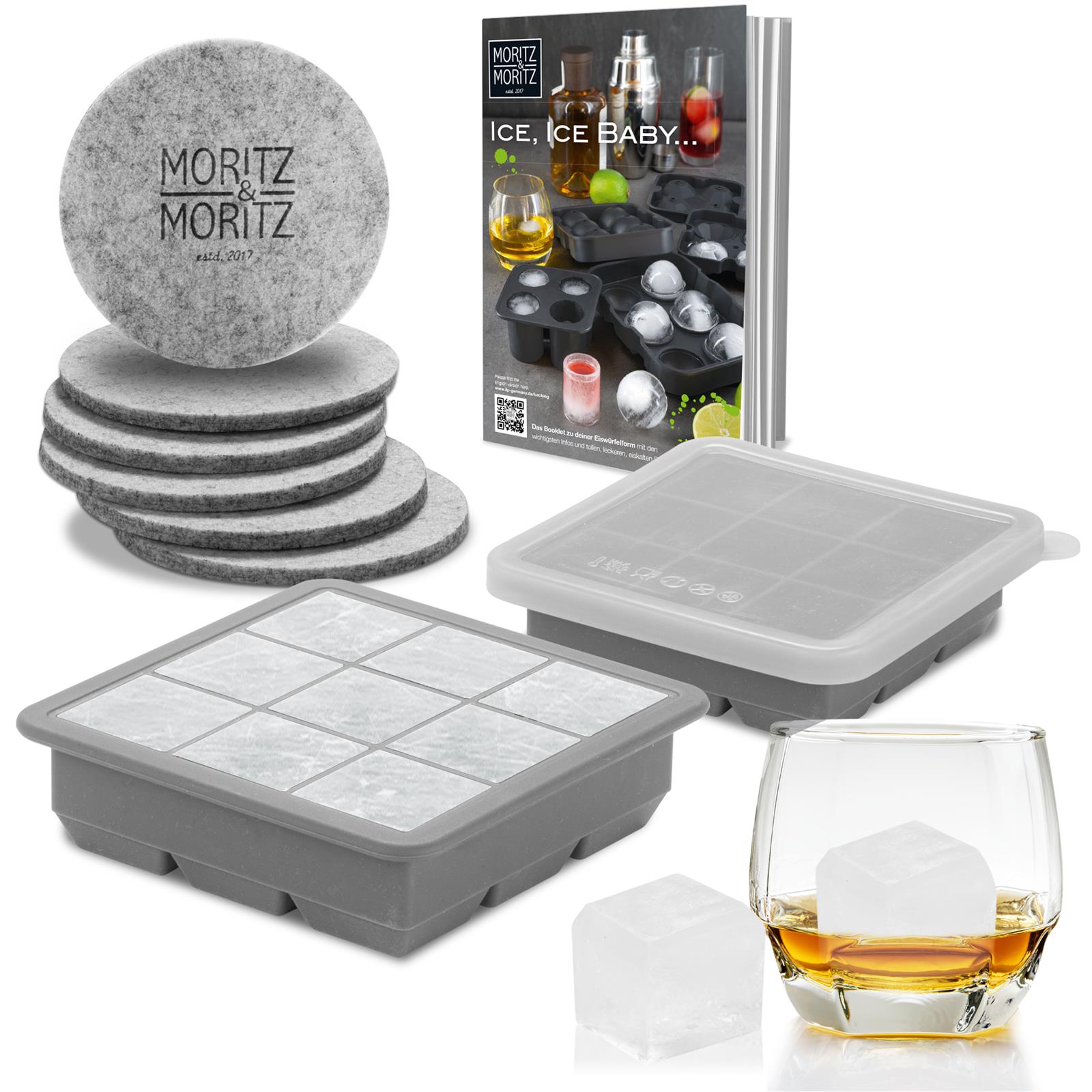 2er Set eckige Eiswürfelformen mit Deckel - Moritz & Moritz Kitchen Bild von zwei Moritz & Moritz Eiswürfelformen mit eckigen Mulden und passenden Deckeln in einem Set, ideal zur Herstellung von gleichmäßigen Eiswürfeln für Drinks und Cocktails.