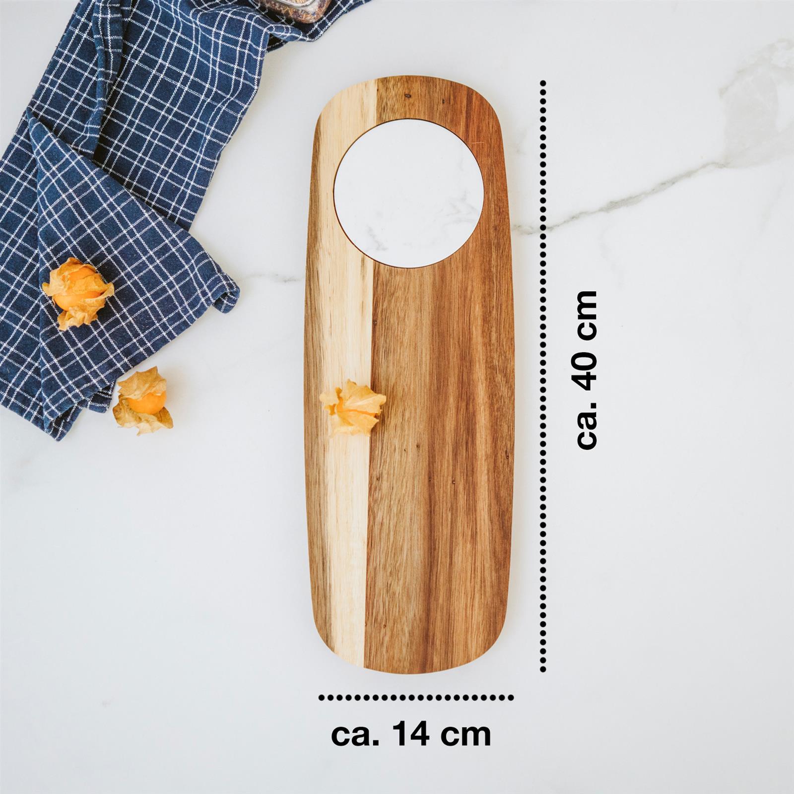 Holzbrett aus Akazie mit Marmor-Element, Abmessungen 40x14x2 cm, Kombination aus Naturmaterialien, Schneide- und Servierbrett