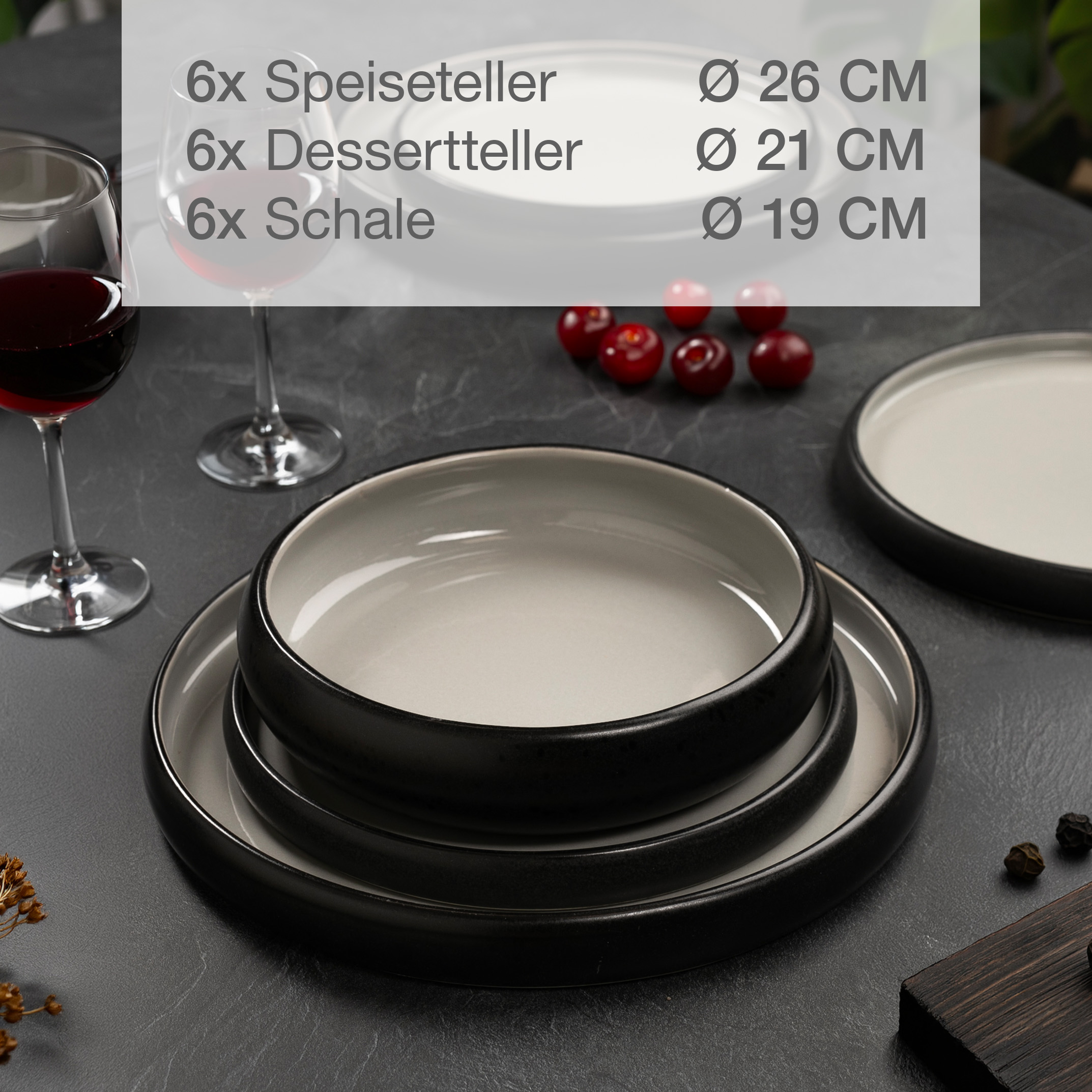 Geschirrset SOLID UNI in Grau aus Steingut, 18-teilig für 6 Personen