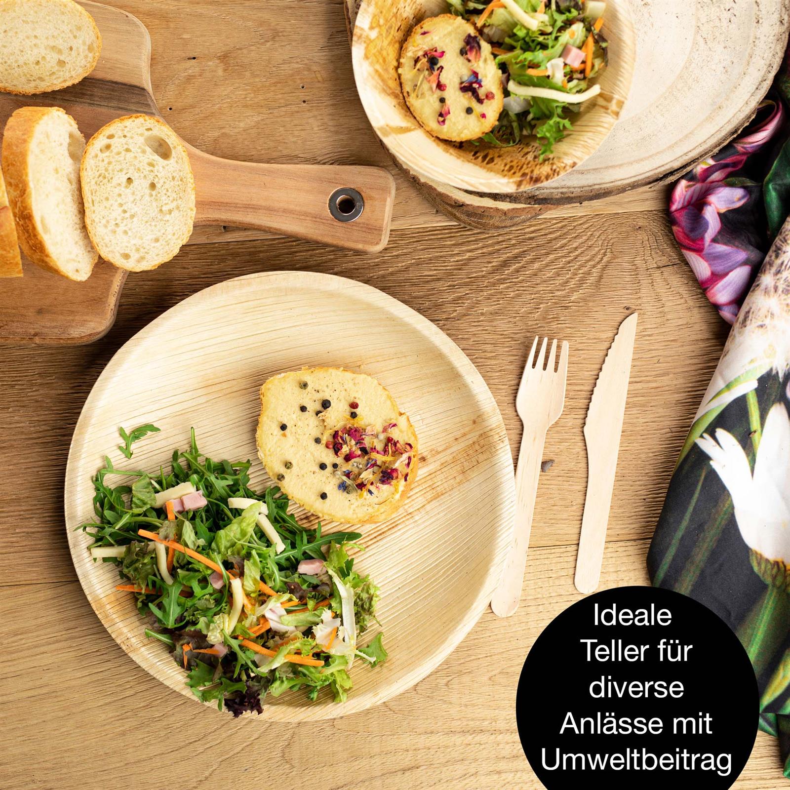 Palmblattteller, 75-teiliges Set aus runden Palmblatt-Tellern mit einem Durchmesser von 25 cm, inklusive Besteck