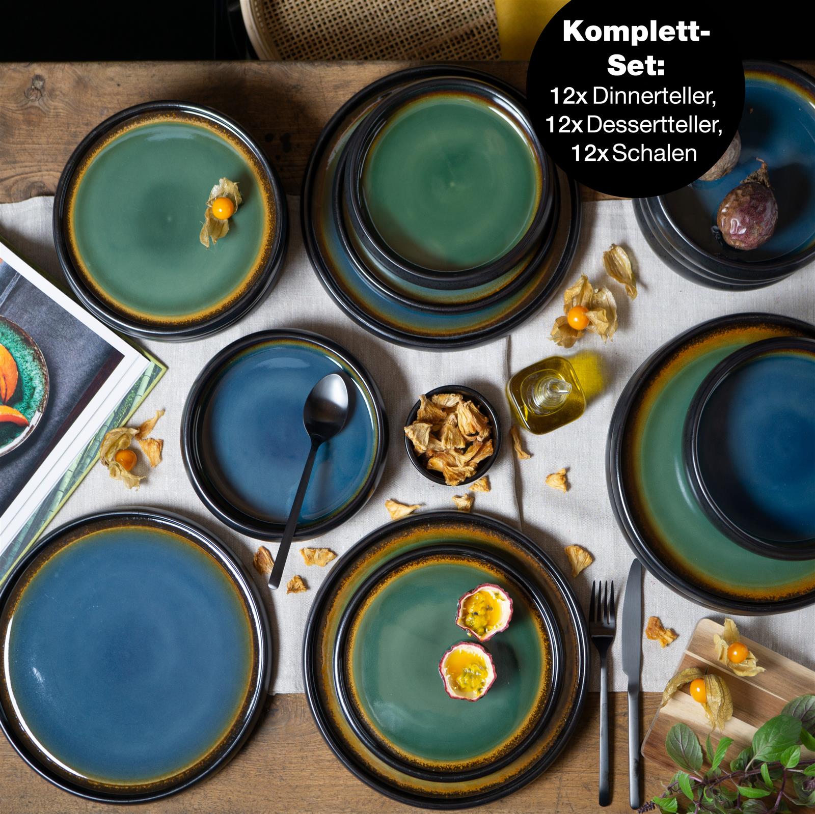 Modernes 12-teiliges Geschirrset in Grün und Blau – stilvoll und spülmaschinenfest Geschirrset bestehend aus grünen und blauen Tellern und Schalen aus Keramik, arrangiert auf heller Oberfläche; modernes, minimalistisches Design mit glatter Oberfläche und sanften Farben.