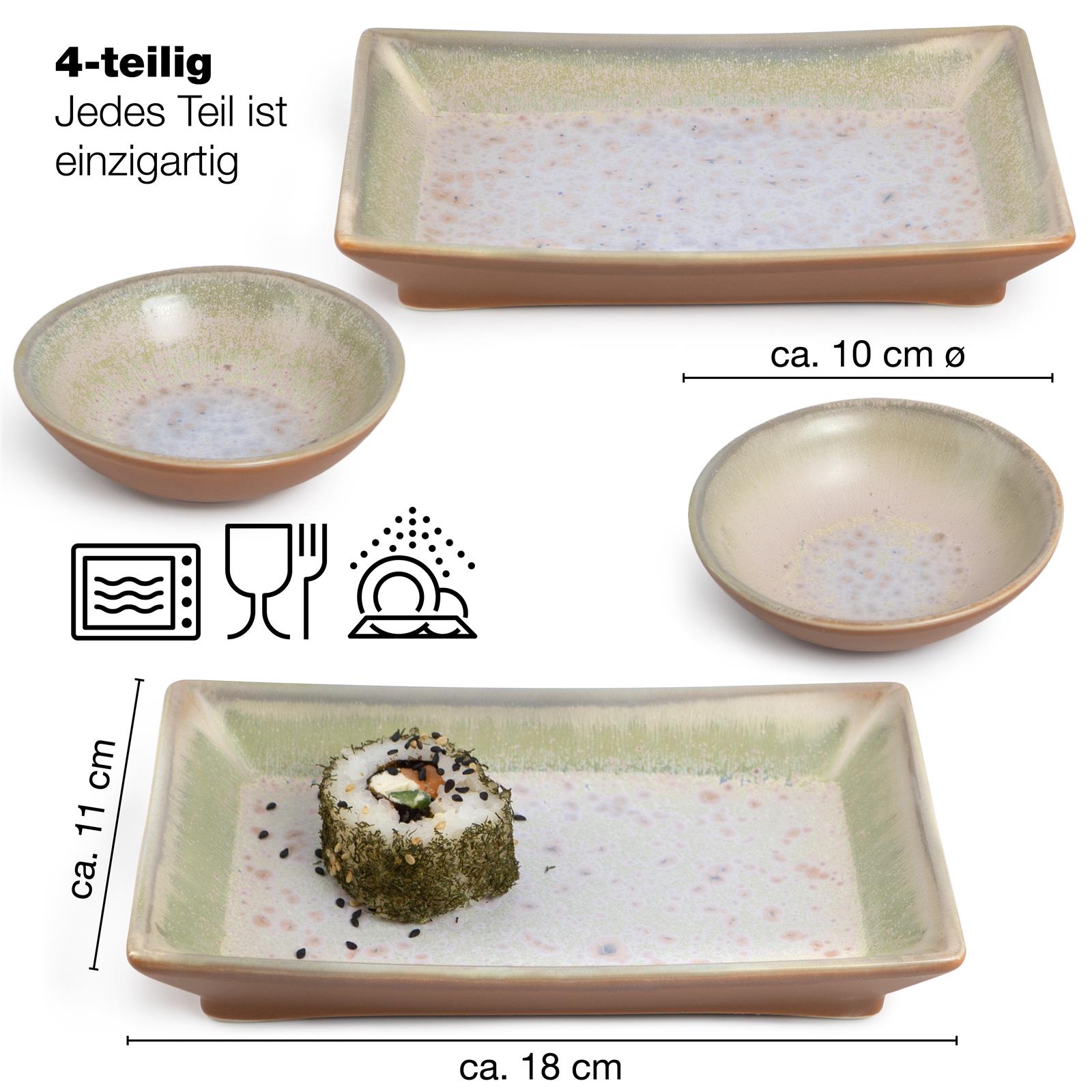 Eine Anordnung von Gourmet-Sushi auf einem beige-lila Teller, präsentiert mit kunstvollen Garnierungen und frischen Zutaten