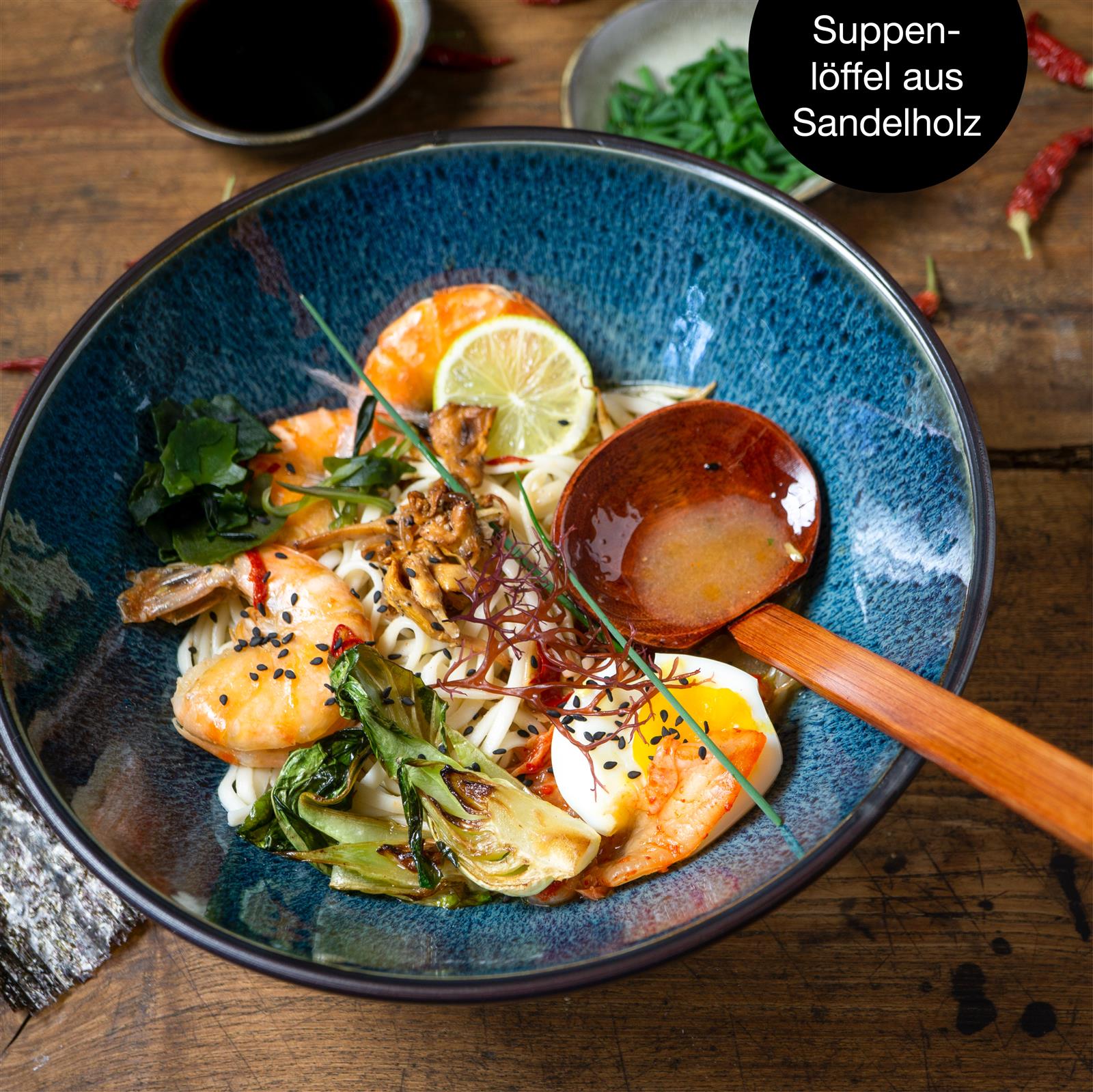 Ramenschale in Blau, Zwei Gourmet-Ramen-Schüsseln im Set mit blauer Rillenstruktur, 2-teilig, aus Keramik