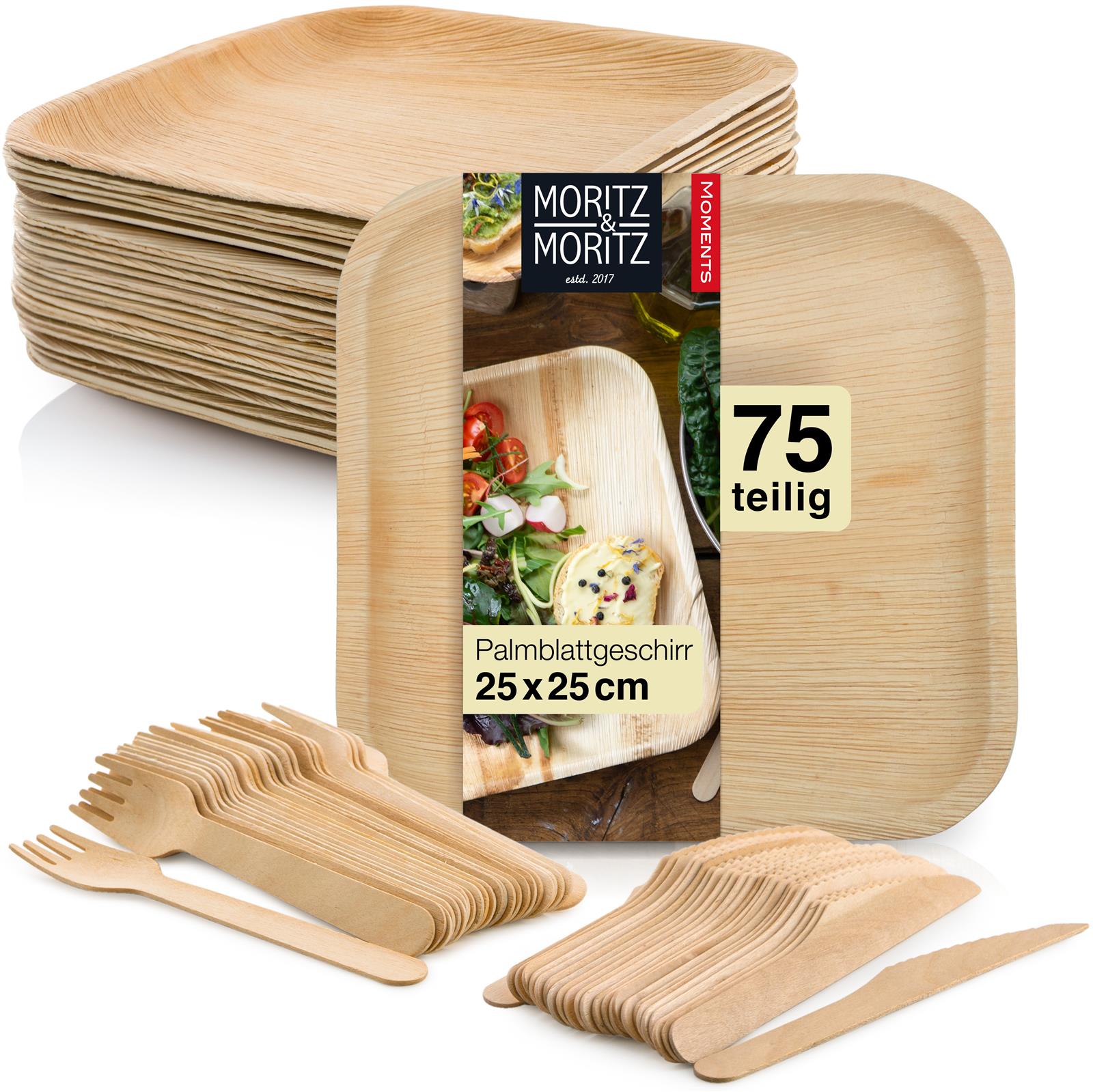 Palmblatt Geschirr Set 75-teilig eckig mit Holzbesteck, ein gedeckter Holztisch mit Palmblattgeschirr, darunter ein Teller