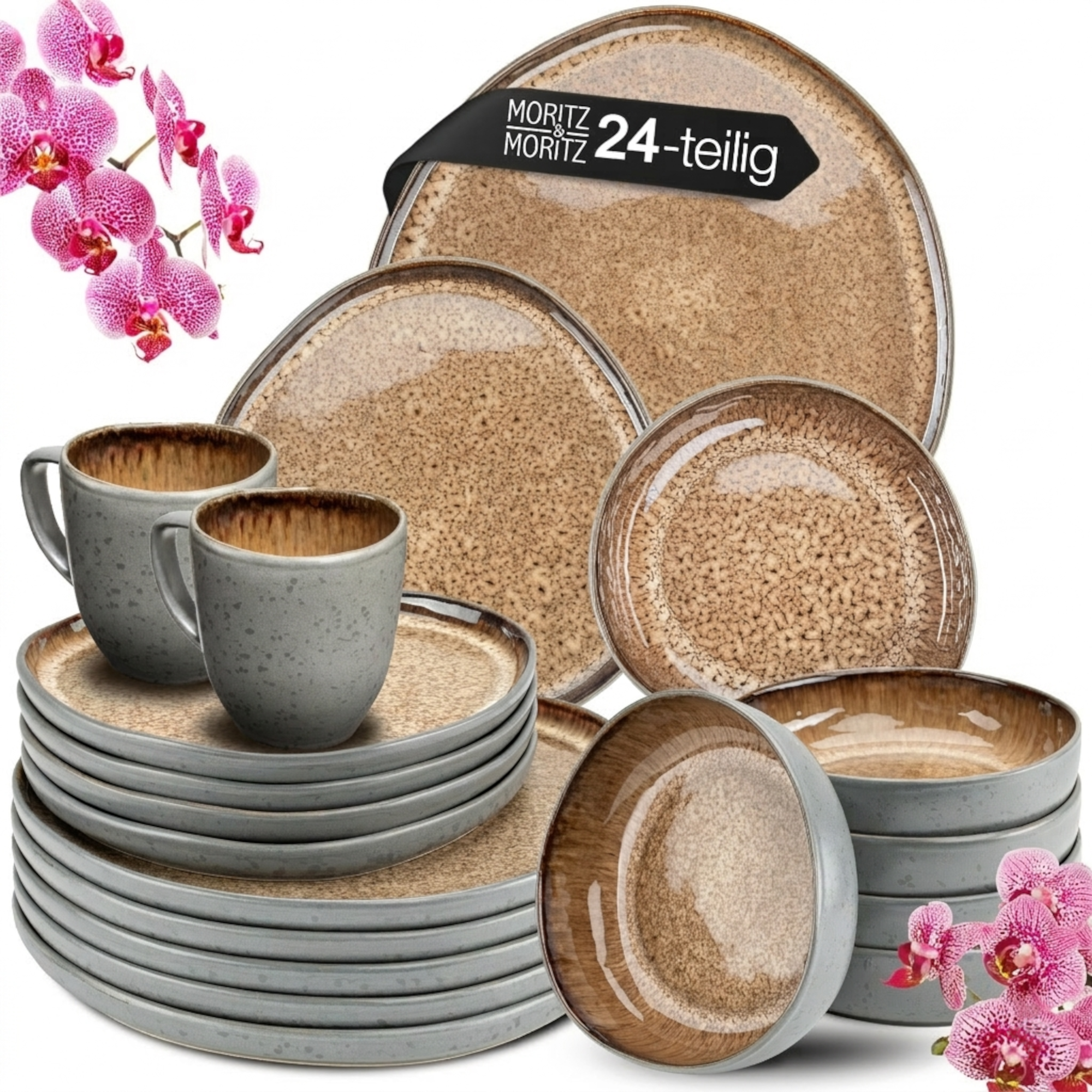 ORGANIC 24-teilig Geschirrset mit Tassen Beige, vor weißem Hintergrund
