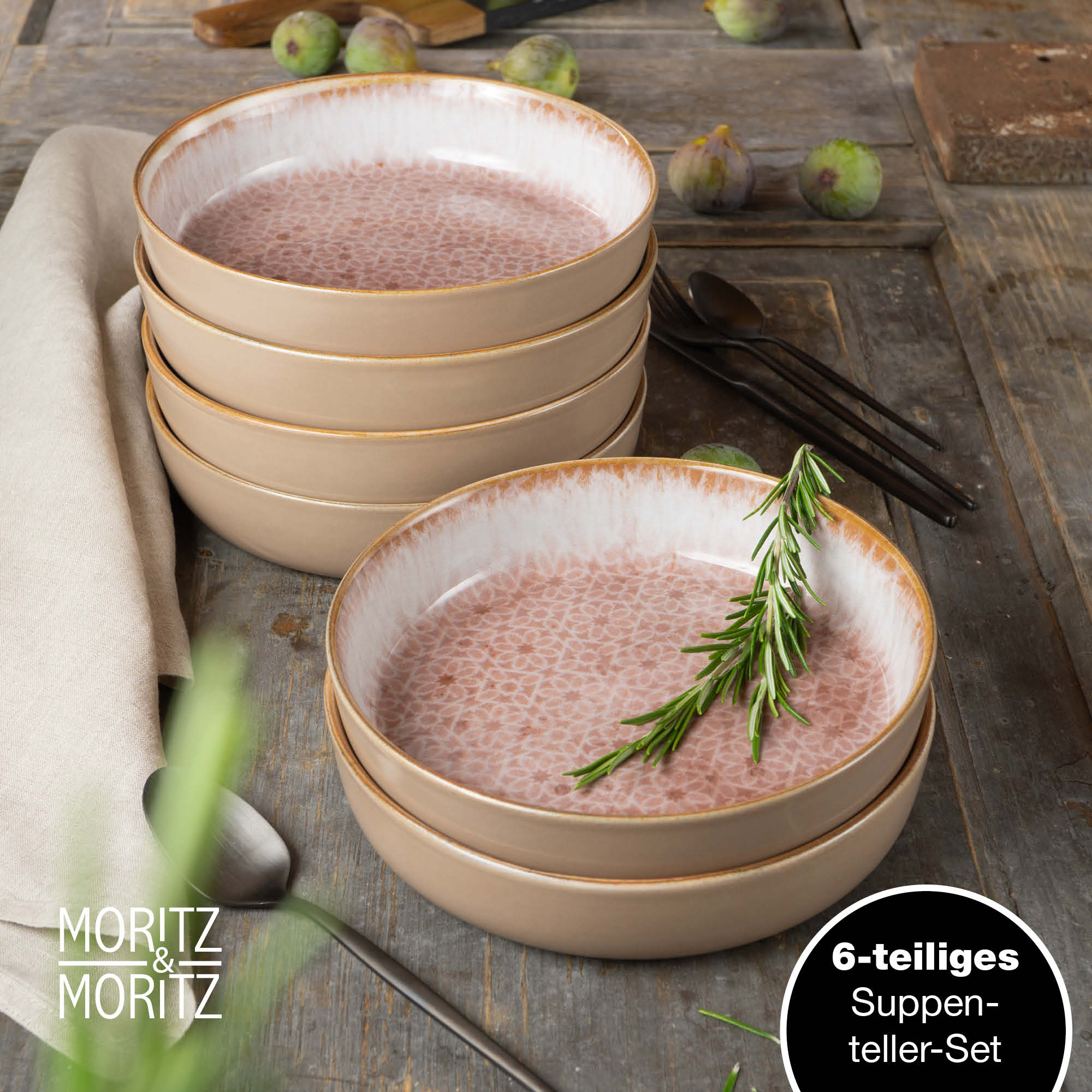 Ein Set aus sechs mediterranen Suppentellern in Rosa mit einem, Design, 6-teilig
