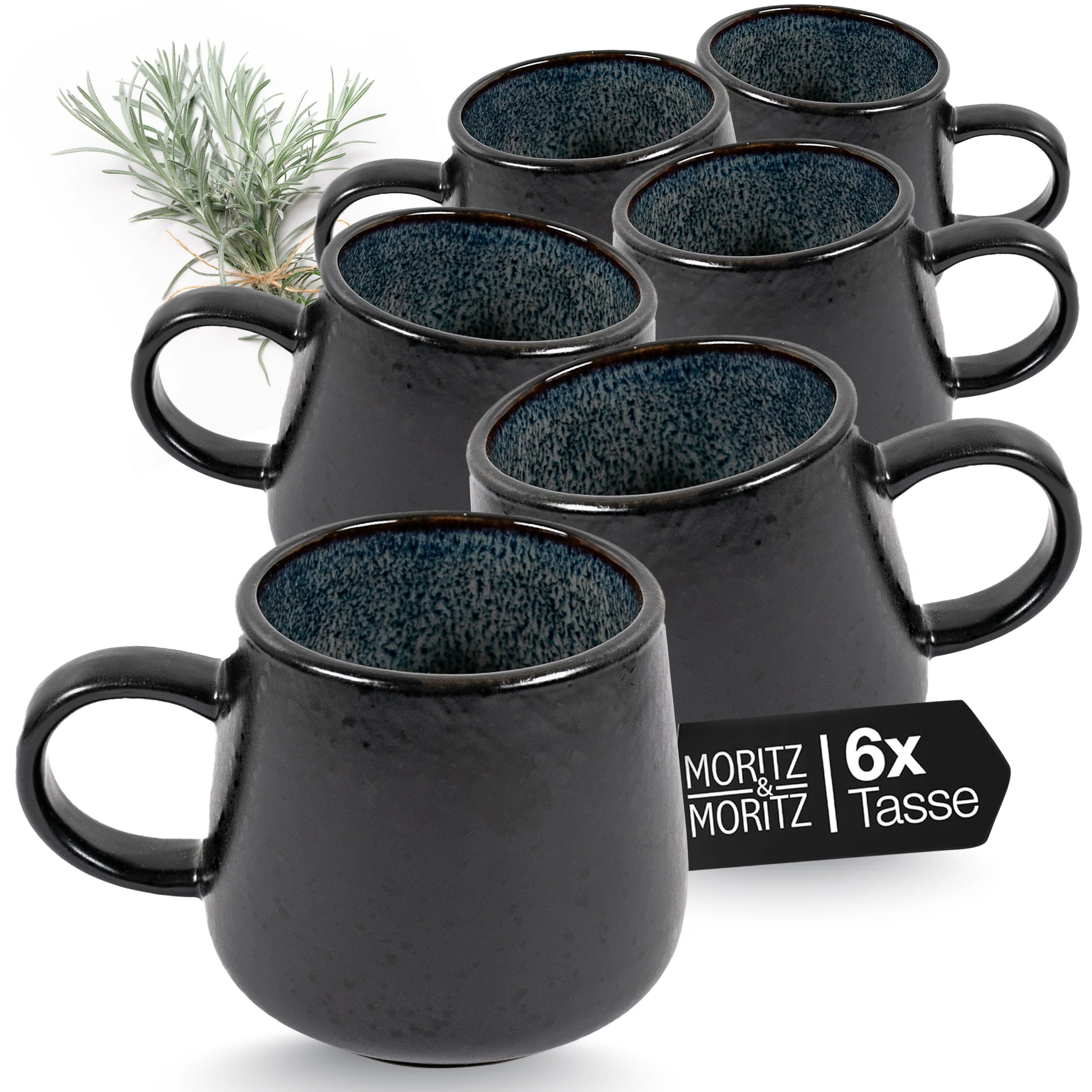 SOLID Kaffeebecher Set 6-teilig Anthrazit, auf gedecktem Tisch bei Tageslicht