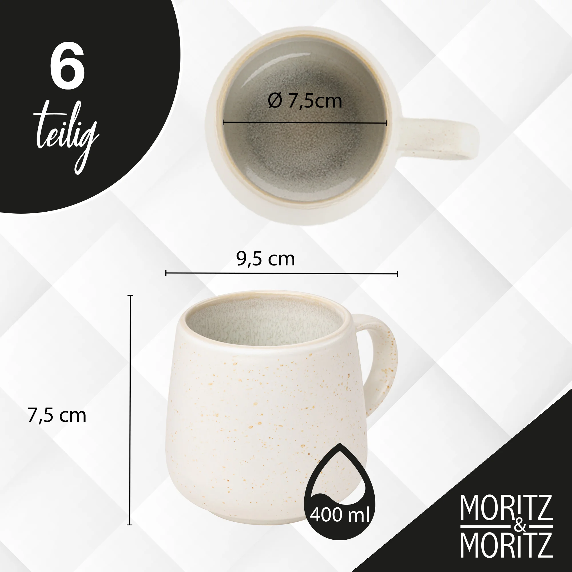 SOLID UNI Kaffee Tassen Set 6-teilig Creme, zwei große, durchsichtige Glasbierkrüge mit stabilem Henkel, gefüllt