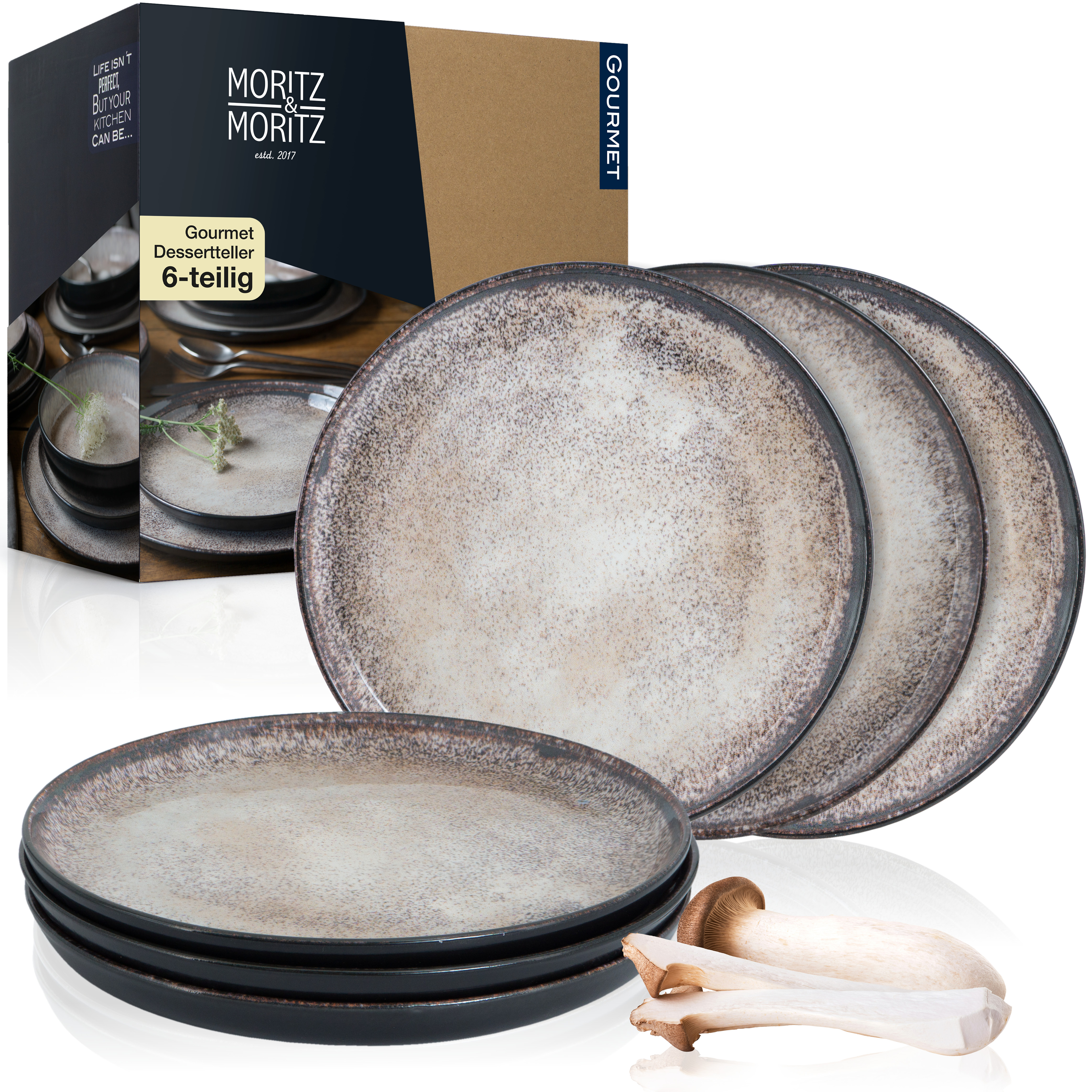 VIDA 6x Dessert Teller beige Geschirr Set, vor weißem Hintergrund