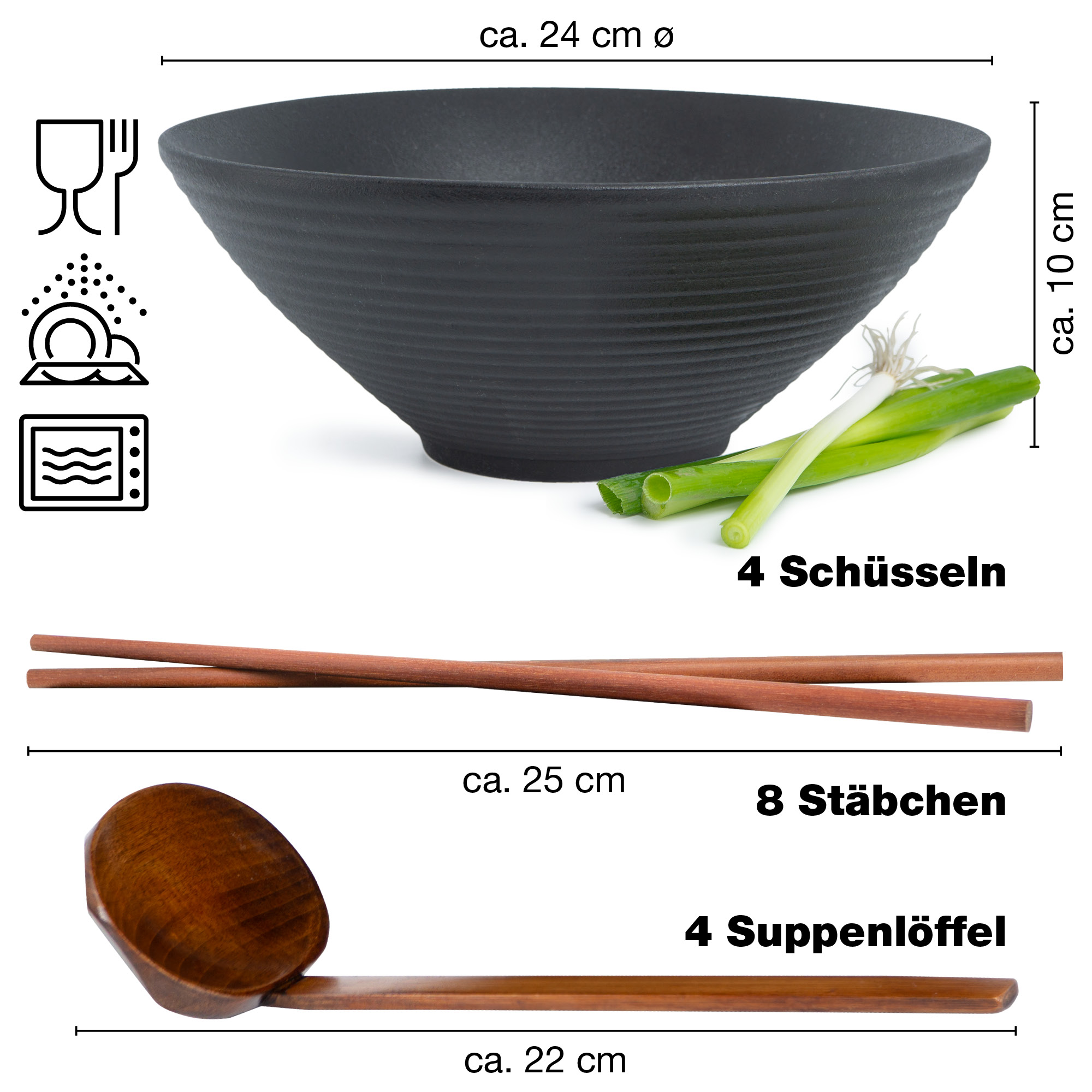 Schwarze Gourmet-Ramen-Schüsseln im 4er-Set mit eleganten Rillen-Mustern, ideal für stilvolle asiatische Speiseerlebnisse.