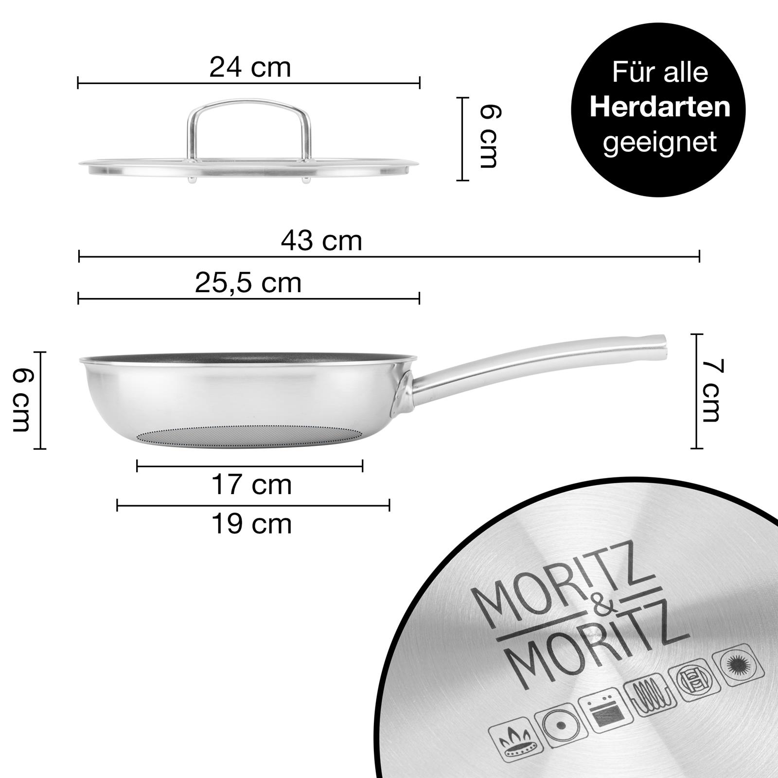 Hochwertige 24cm Pfanne mit Deckel und rundem Rand - Ideal für jede Küche Bild einer hochwertigen 24 cm Pfanne mit rundem Rand und passendem Deckel von Moritz & Moritz, ideal für vielseitiges Kochen und Braten. Perfekt geeignet für energiesparendes Kochen dank optimaler Hitzespeicherung und -verteilung.