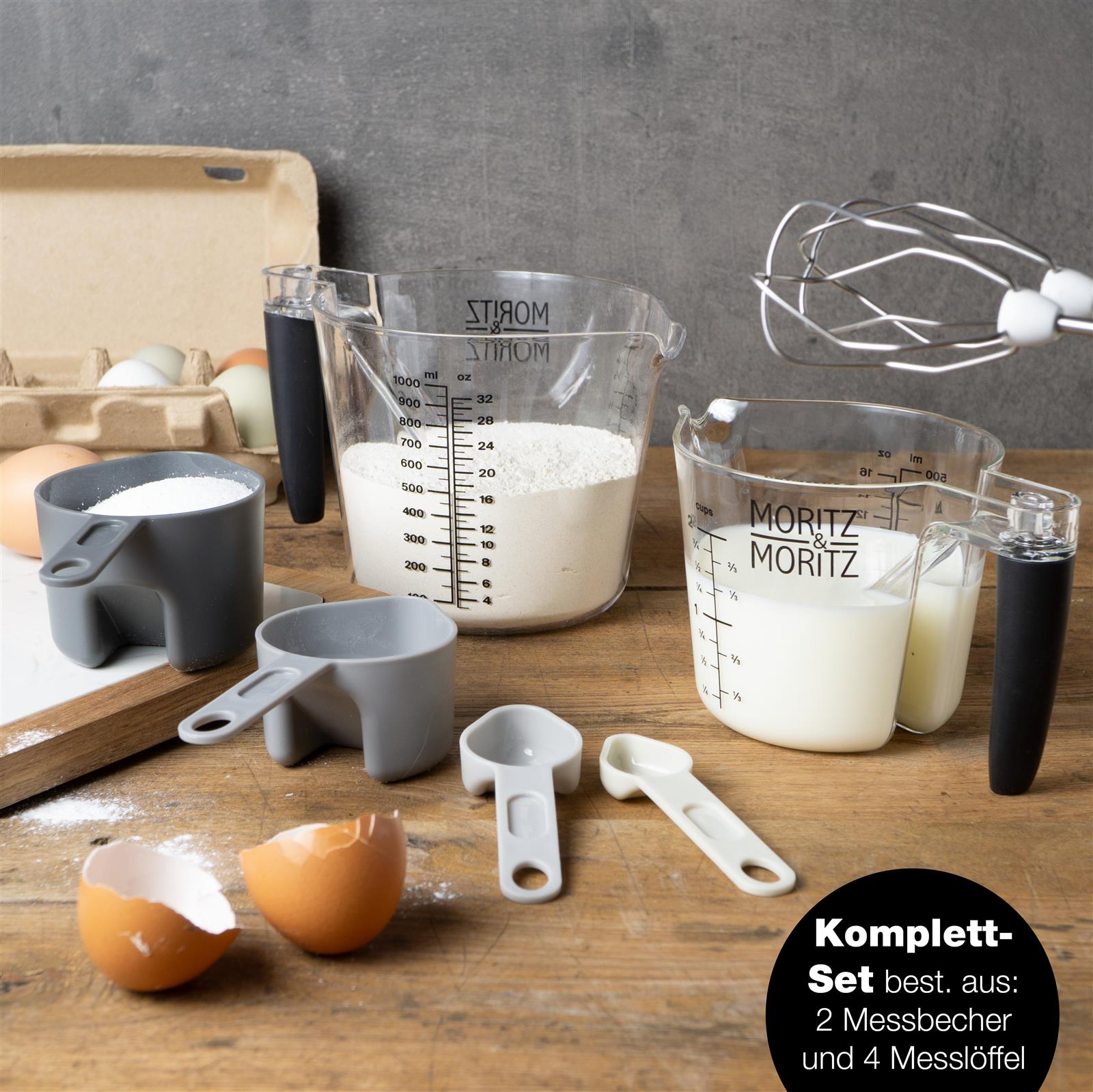 Kunststoff-Messbecher-Set bestehend aus 0,5L und 1L Bechern, mit gut ablesbarer Skala und ergonomischem Griff