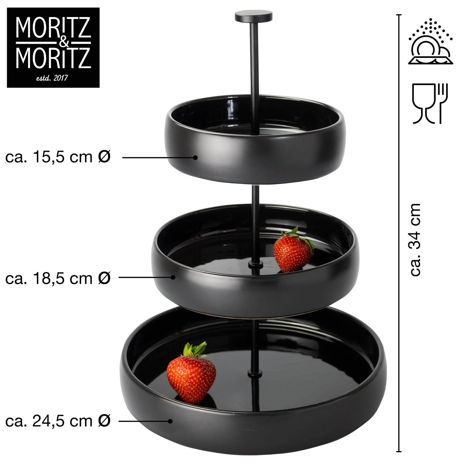 Runde schwarze Steingut-Etagere - Bild 2 Produktbild einer runden, schwarzen Etagere aus Steingut mit modernem Design, ideal für stilvolle Präsentationen von Speisen und Backwaren.