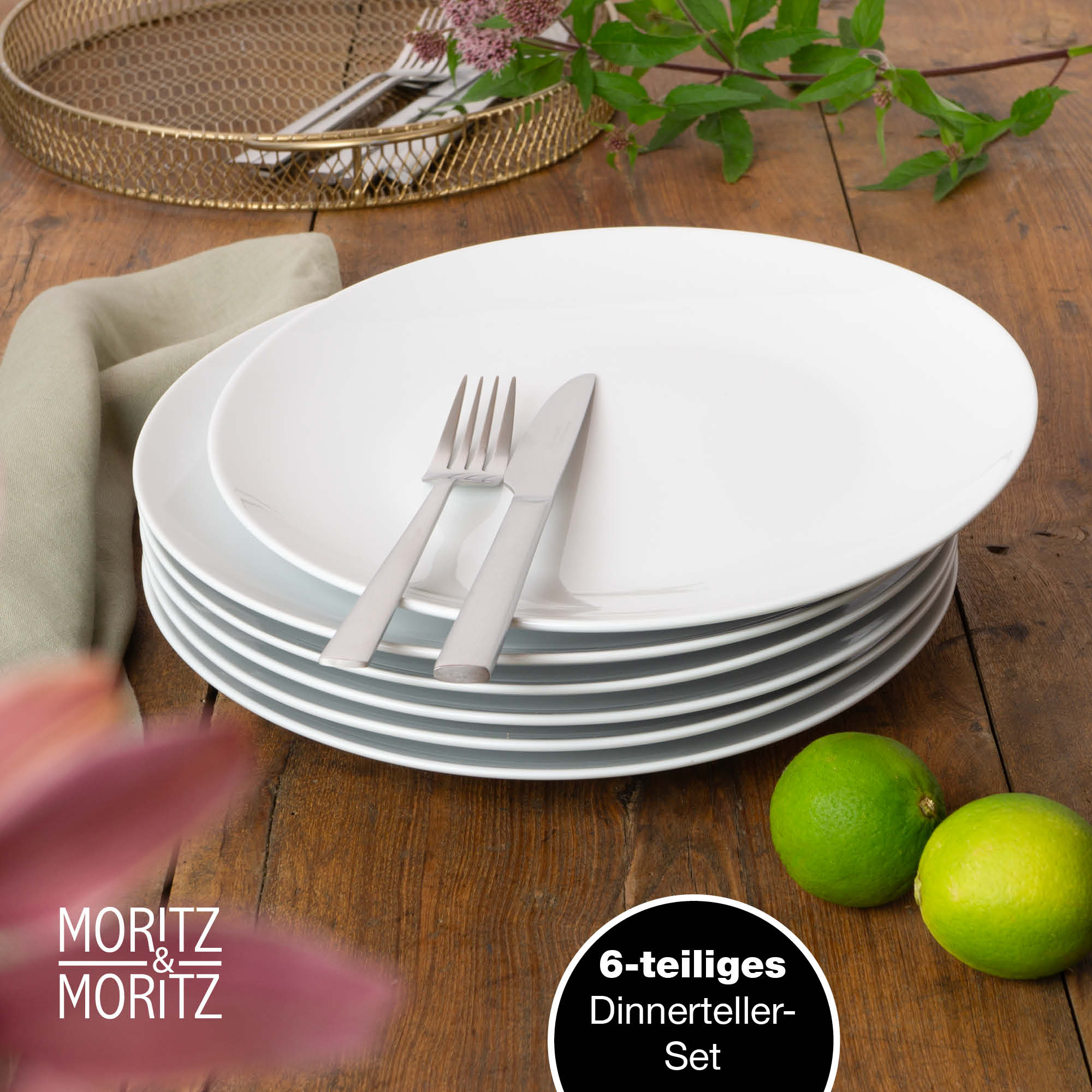 Speiseteller in Weiß, 6er Set weiße Dinnerteller, Design, Porzellan