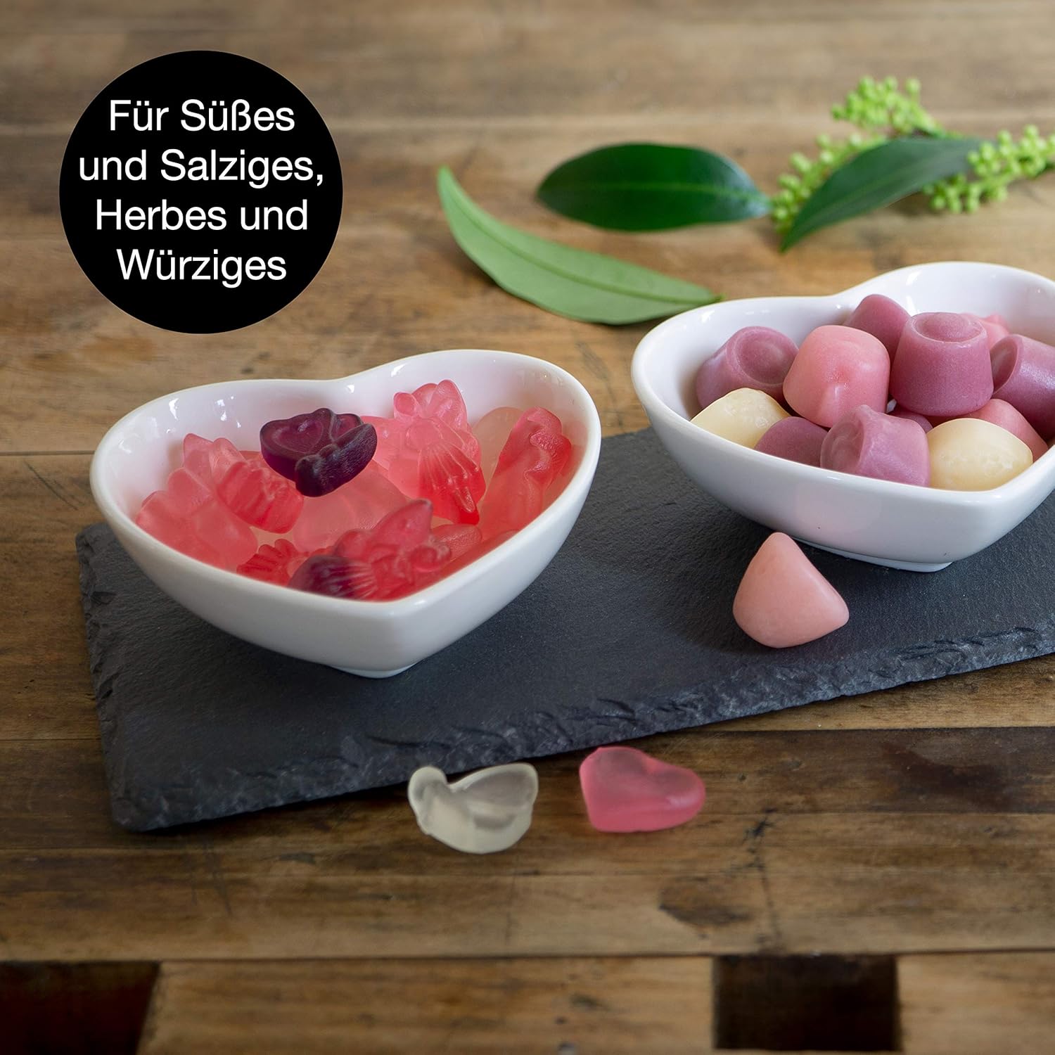 Schieferset Bay Leaf – Schieferplatte mit 3 Herz Schalen