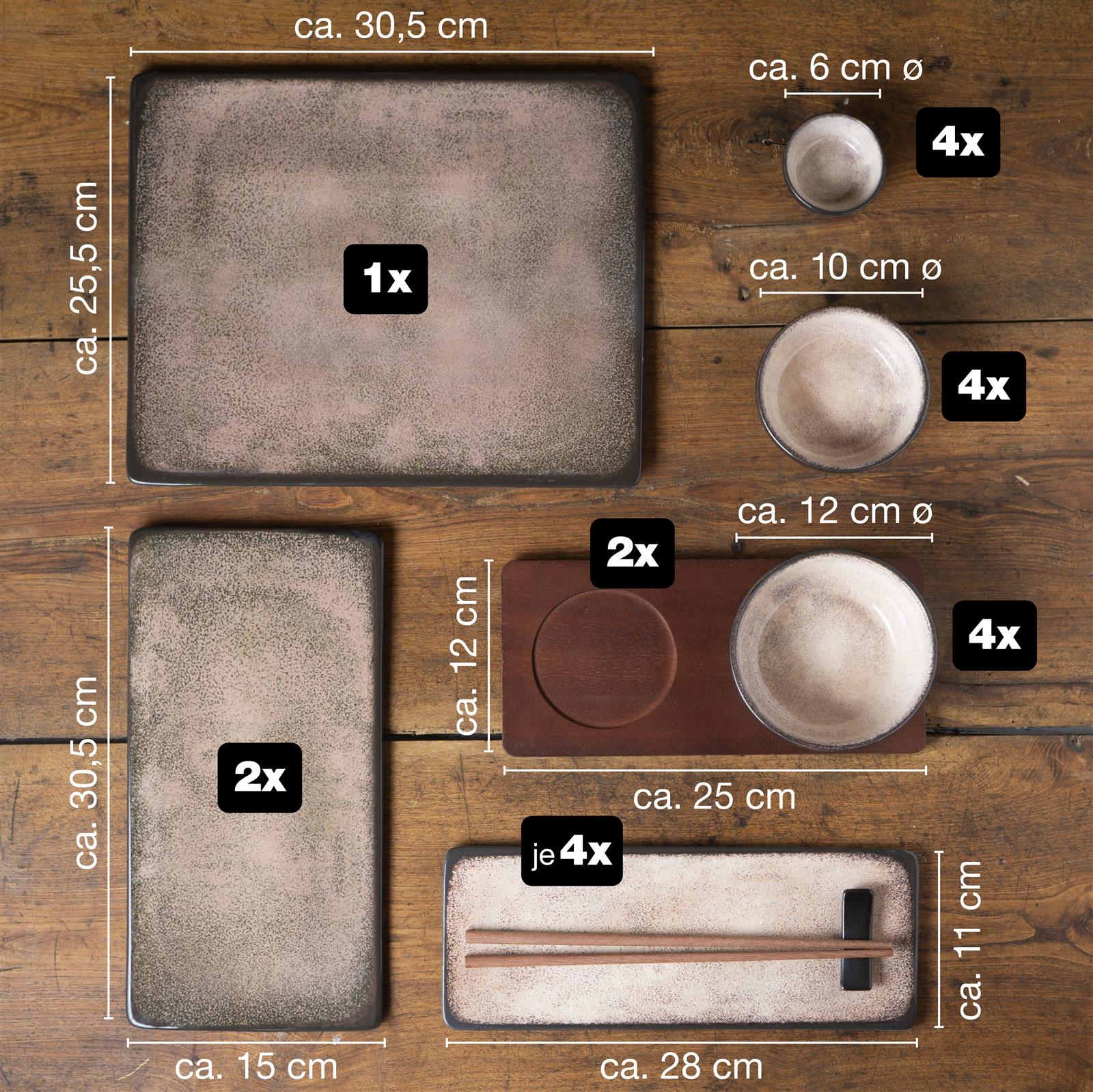 29-teiliges Sushiset in Beige mit zwei rechteckigen Sushi-Tellern, zwei Sojasaucenschälchen, zwei Paar Essstäbchen