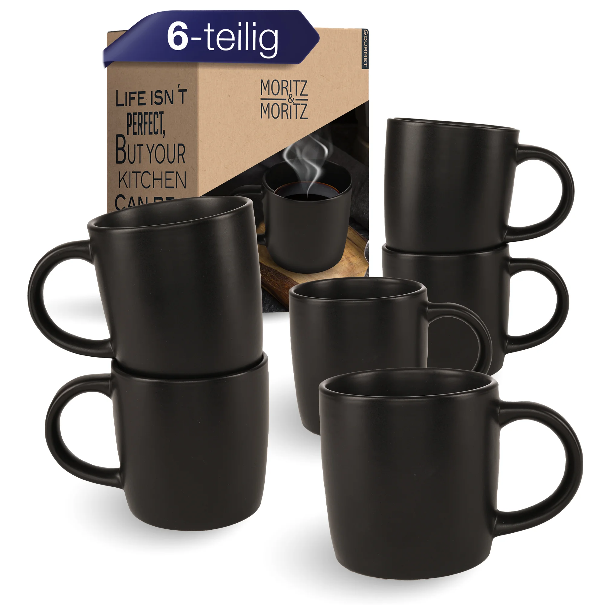 Sechsteiliges Nordic-Kaffeetassen-Set in Schwarz, bestehend aus sechs Tassen mit Henkel, Design und matter Oberfläche