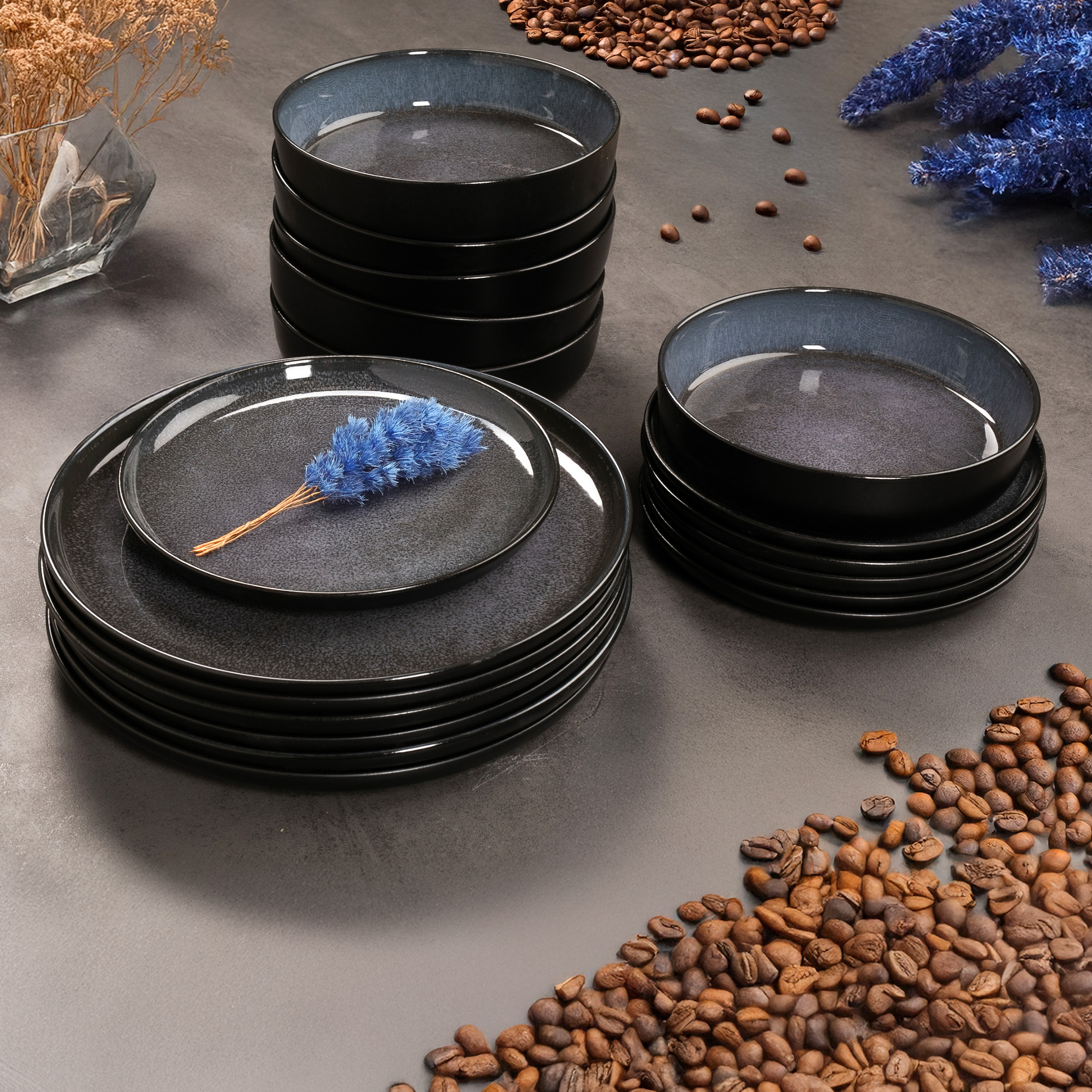 VIDA Geschirr Set 18-teilig Blau – Geschirrset für 6 Personen aus Porzellan, 18-teilig