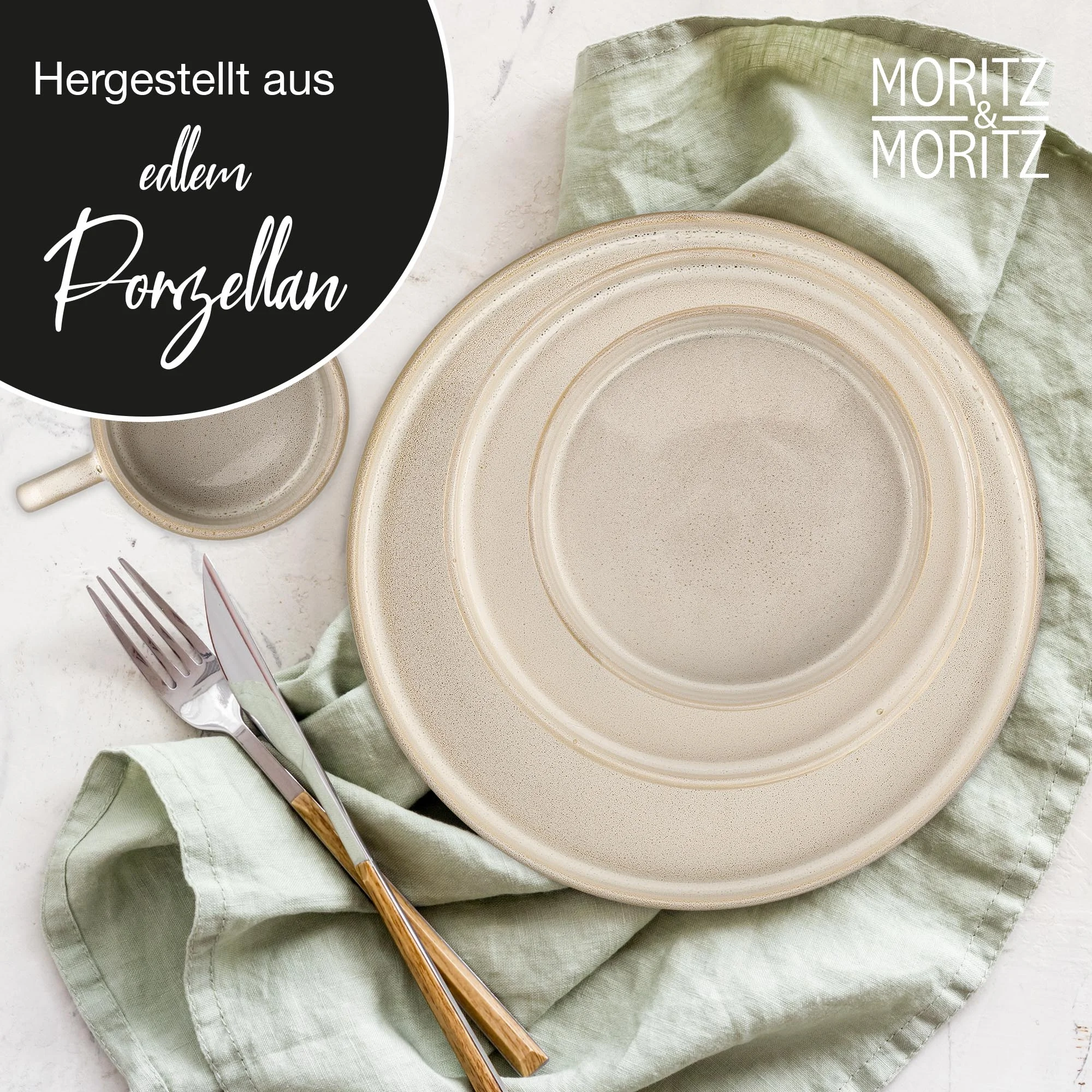 20-teiliges Geschirrset in Beige aus der Serie Castello, stilvoll arrangiert auf einem Tisch. Perfekt für elegante Dinnerpartys, Hochzeitsgeschenke oder die stilvolle Einrichtung des Esszimmers. Hochwertiges und modernes Design.