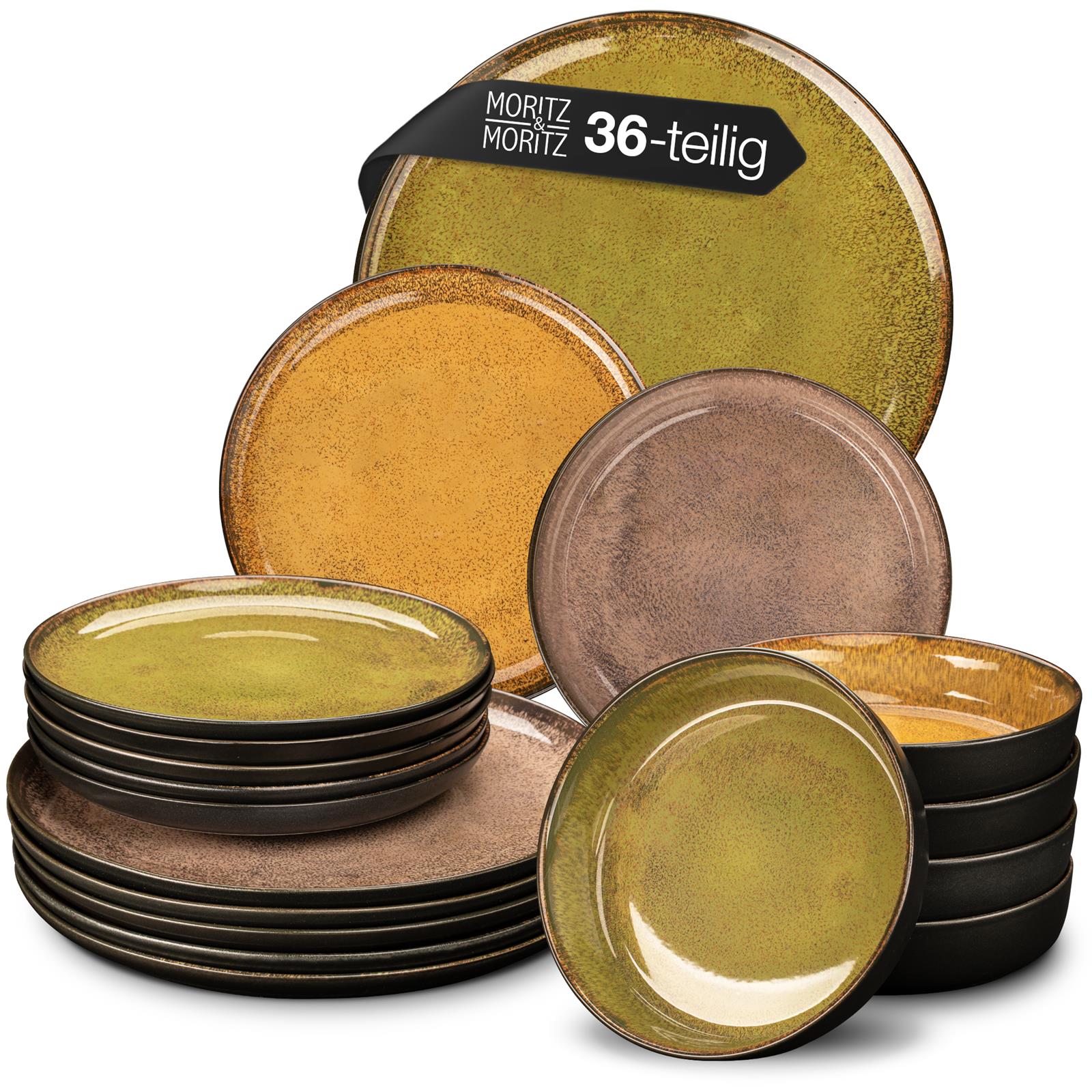 Moritz & Moritz Geschirrset Vintage – 12-teiliges Tellerset aus Porzellan in Grau-Beige Moritz & Moritz Geschirrset „Vintage" bestehend aus mehreren aufeinander gestapelten matt-schwarzen Tellern und Schalen mit dezenter Struktur, arrangiert auf einem Holzuntergrund mit minimalistischer Dekoration.
