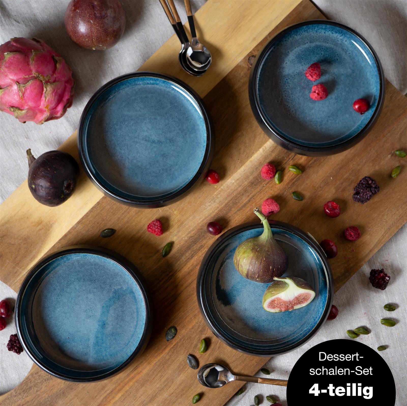Gourmet Schüssel Set 4-teilig Reaktiv Blau - Hochwertige Keramik Schalen für stilvolle Präsentation Ein elegantes, vierteiliges Gourmet-Schüssel-Set in reaktivem Blau, perfekt für die stilvolle Präsentation von Speisen. Ideal für Feinschmecker und Küchenliebhaber.