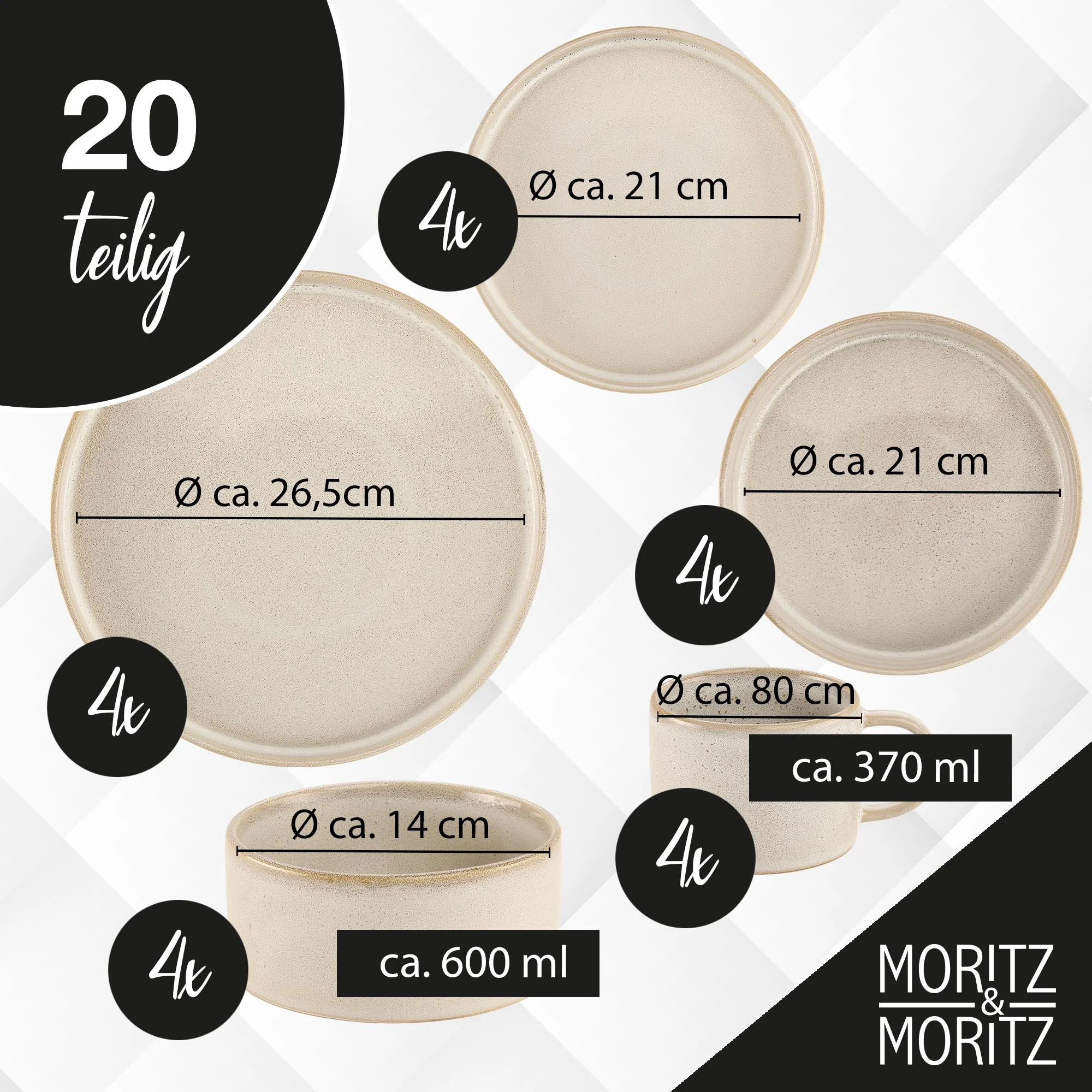 20-teiliges Geschirrset Beige Castello - Elegantes Design für stilvolle Tischdekoration 20-teiliges beiges Geschirrset „Castello“ bestehend aus flachen Tellern, tiefen Tellern, Desserttellern, Schalen und Tassen mit Untertassen; das Geschirr ist schlicht, modern und auf einem hellen Untergrund arrangiert.