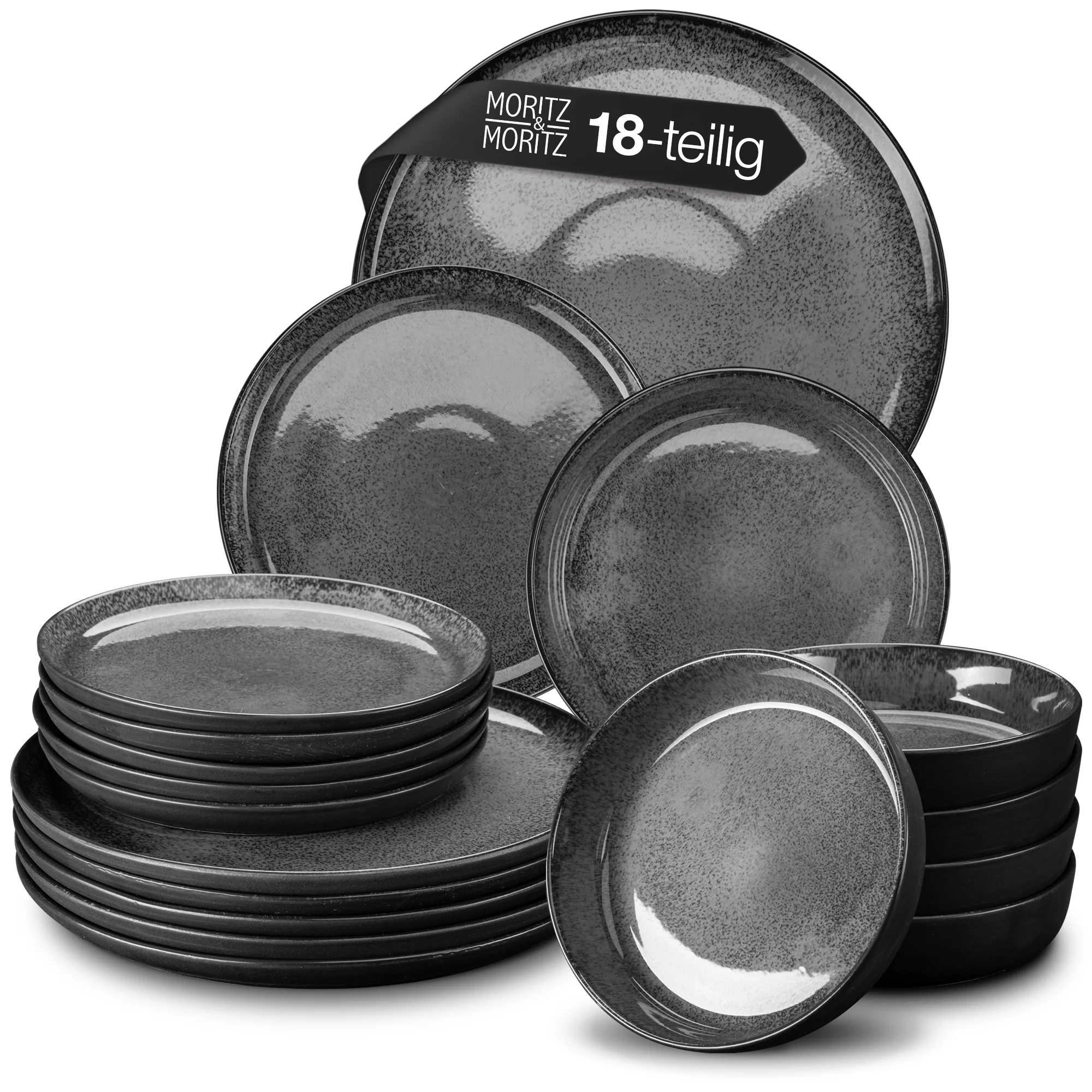 18-teiliges Gourmet-Teller-Set in Anthrazit – Stilvolles Tafelservice für anspruchsvolles Dining 18-teiliges Gourmet-Tellerset in Anthrazit, bestehend aus flachen Speisetellern, tiefen Tellern und kleinen Schalen, ansprechend arrangiert auf hellem Untergrund.