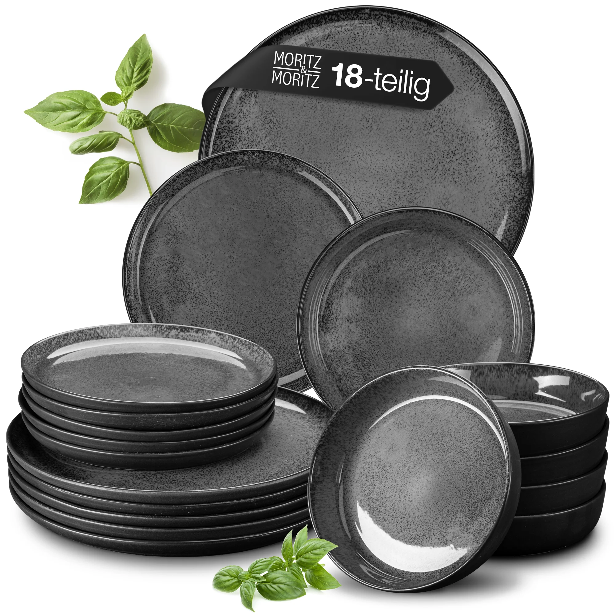 VIDA 18-teilig Tafel Service anthrazit Geschirr Set, 18-teiliges Gourmet-Tellerset in Anthrazit, bestehend aus flachen