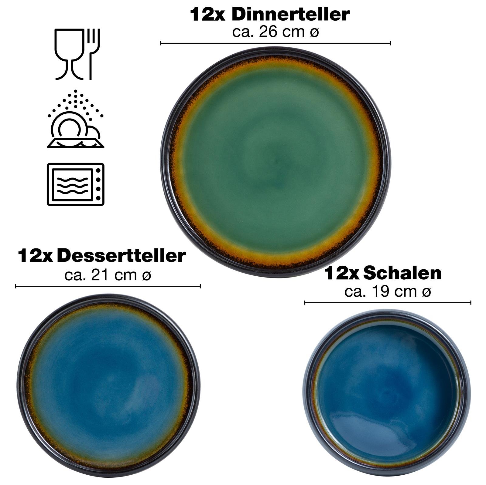 Modernes 16-teiliges Geschirrset in Grün und Blau – stilvolles Tafelservice für 4 Personen Vierteiliges Geschirrset in Grün und Blau auf hellem Untergrund, bestehend aus einem großen und einem kleinen Teller sowie zwei unterschiedlich großen Schalen mit mattierter Oberfläche und modernem Design.