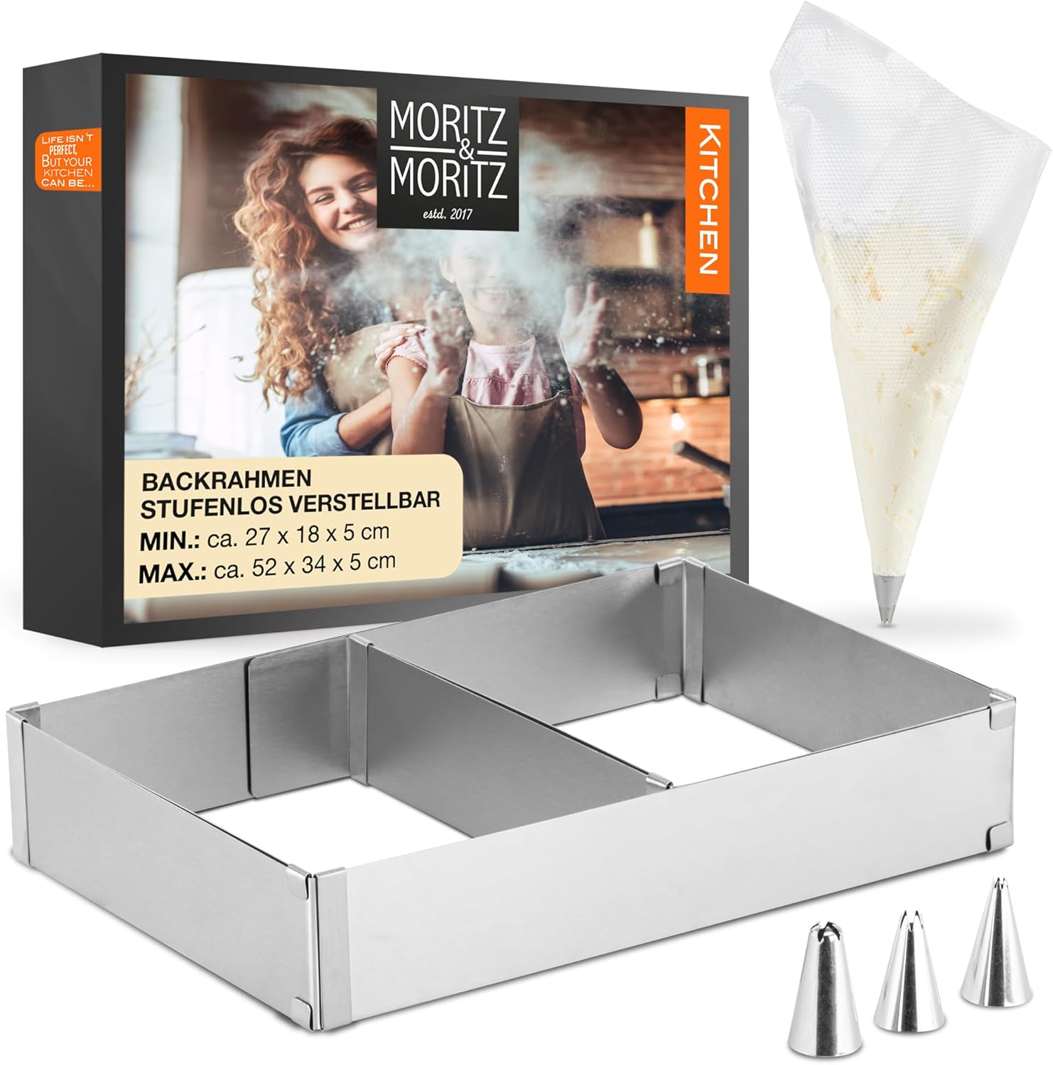 Verstellbarer Backrahmen rechteckig – Edelstahl mit Spritzbeutel-Set
